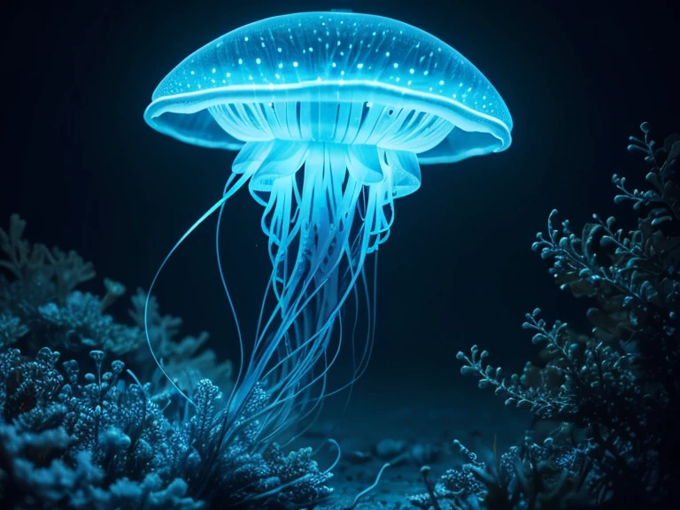 (masterpiece, best quality, very detailed), best resolution, bioluminescent jellyfish in its natural environment, no sunlight