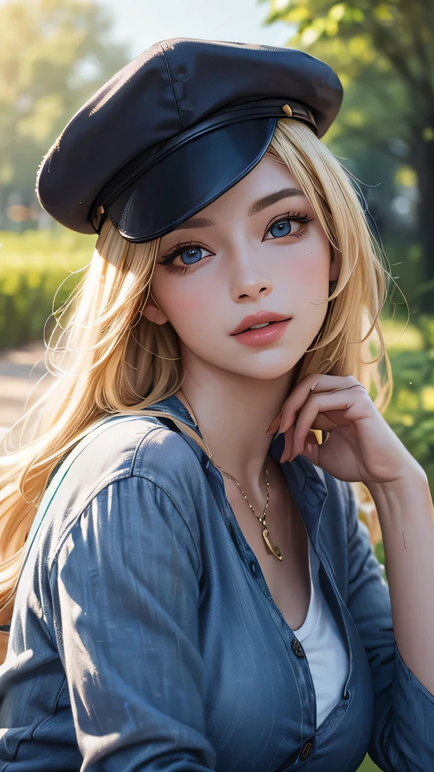 a portrait of a blonde girl with blue cap and blue shirt