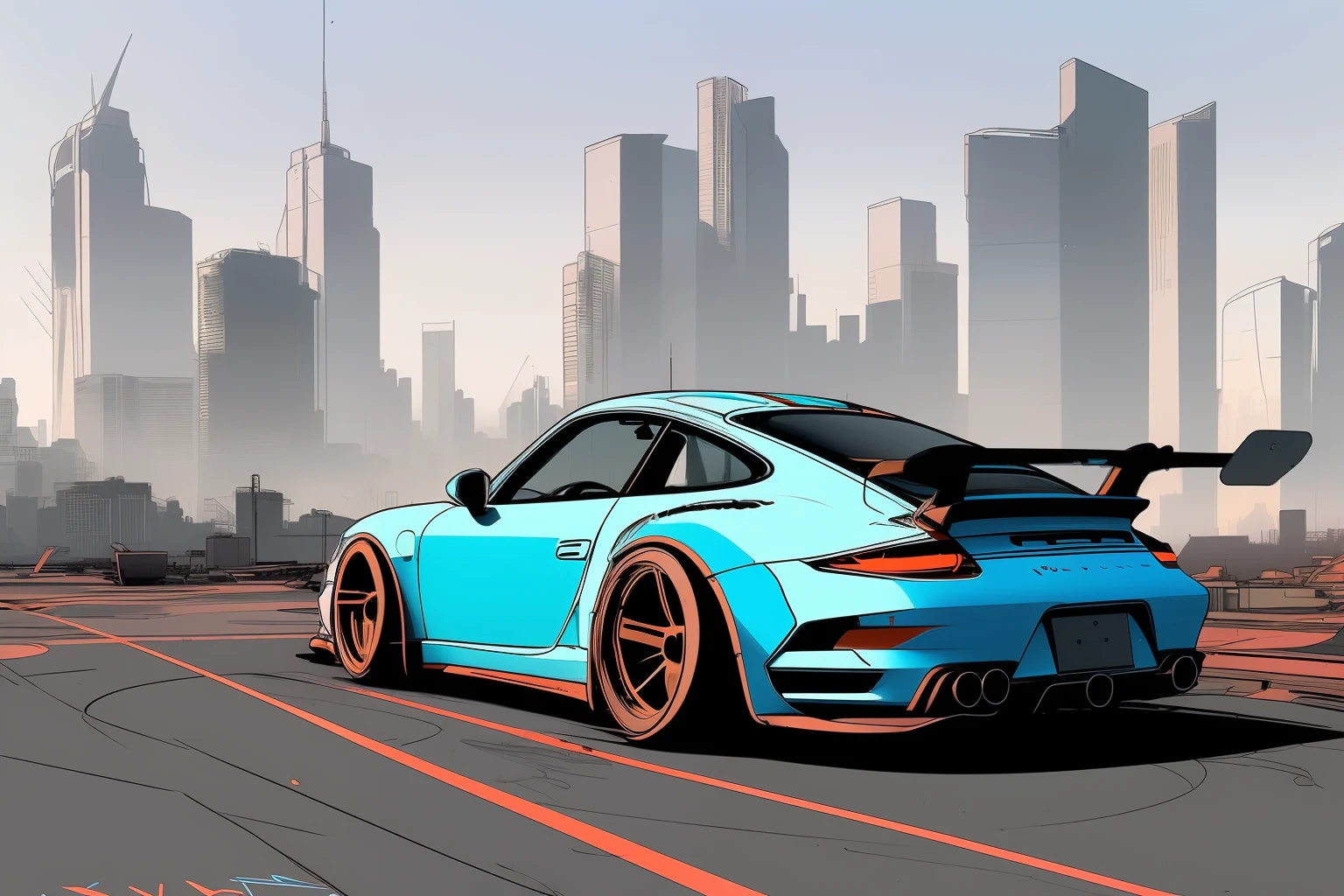 nvinkpunk, painting of a city with a flat neutral color of blue painted  Porsche 911 rwb rotting,wide bodykit, high quality,