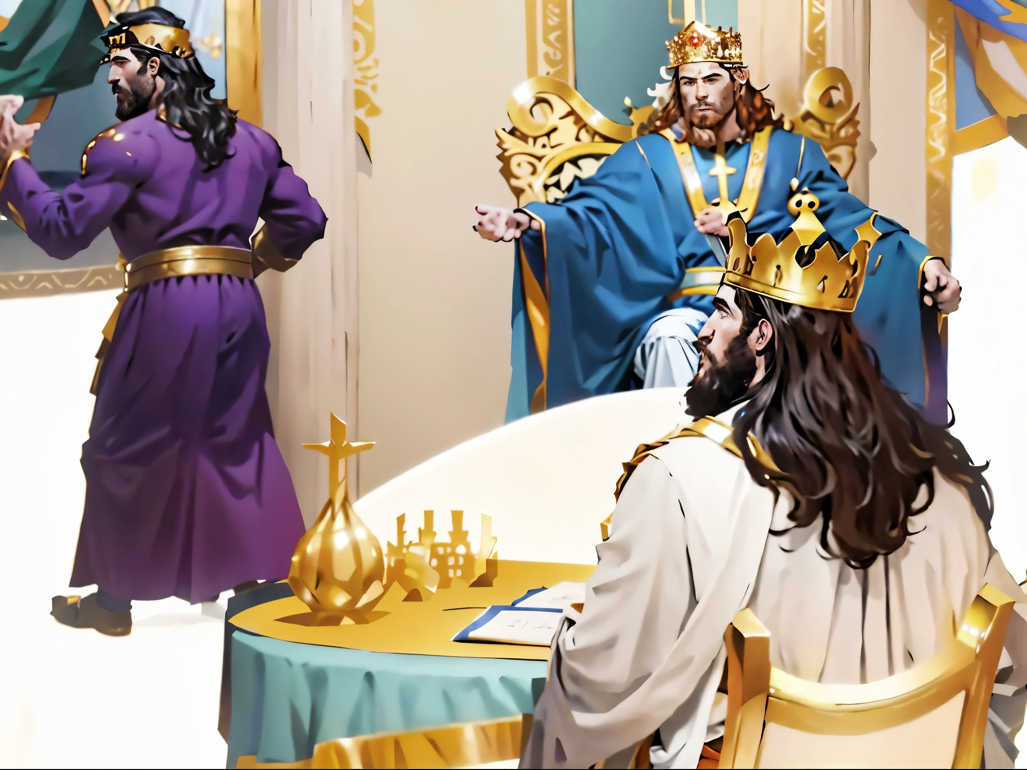 There is a banquet. There's a king standing, saindo por uma porta. There is a woman sitting with a crown on her head. There's a man standing with a crown on his head. biblical costumes. Biblical setting. biblical style. comic book style.