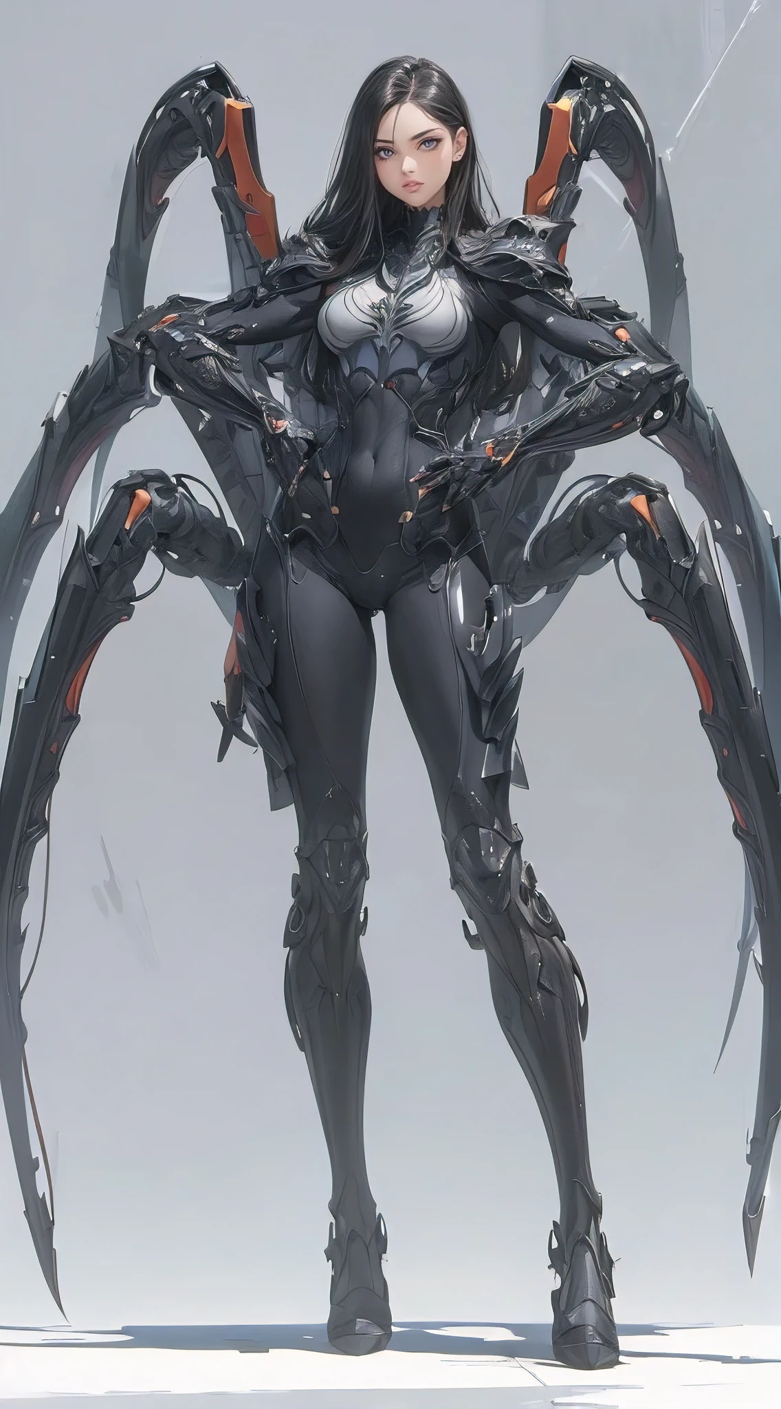 (masterpiece, best quality, photorealistic, ultra-detailed), character design, unique design and approach, spider clan, 6 arms, and 2 legs, beautiful fighter, perfect body, wide hips, combat armor, european influence, dynamic action pose, clean lines, perfect illustration, anime realism, photorealistic