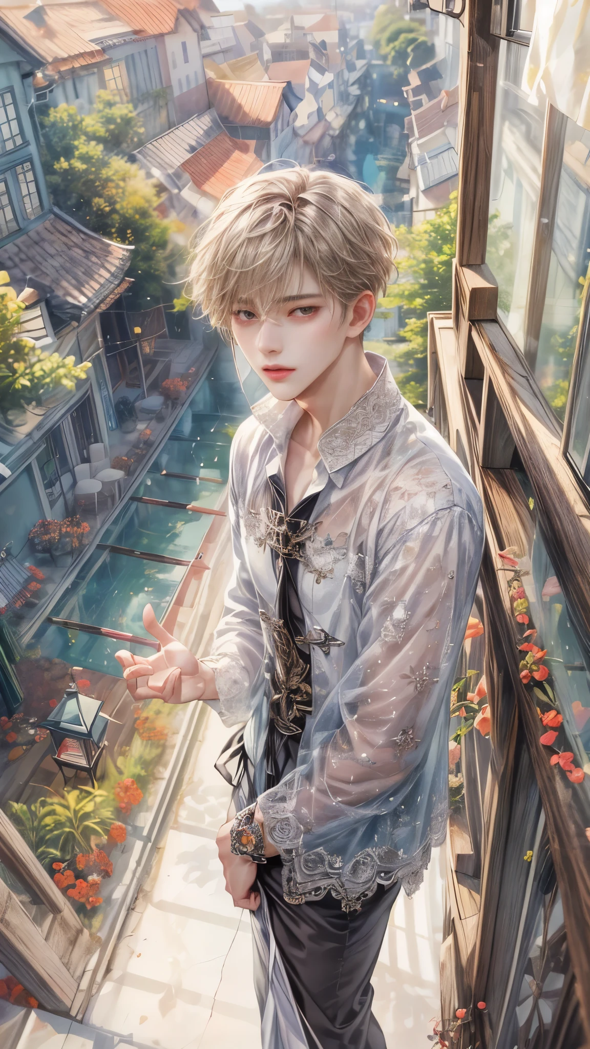 (absurdres, highres, ultra detailed, HDR), masterpiece, intricate, best quality, portrait of a character from Ikemen Shoujo Manga, a male idol in a detailed scenery town background , kpop idol