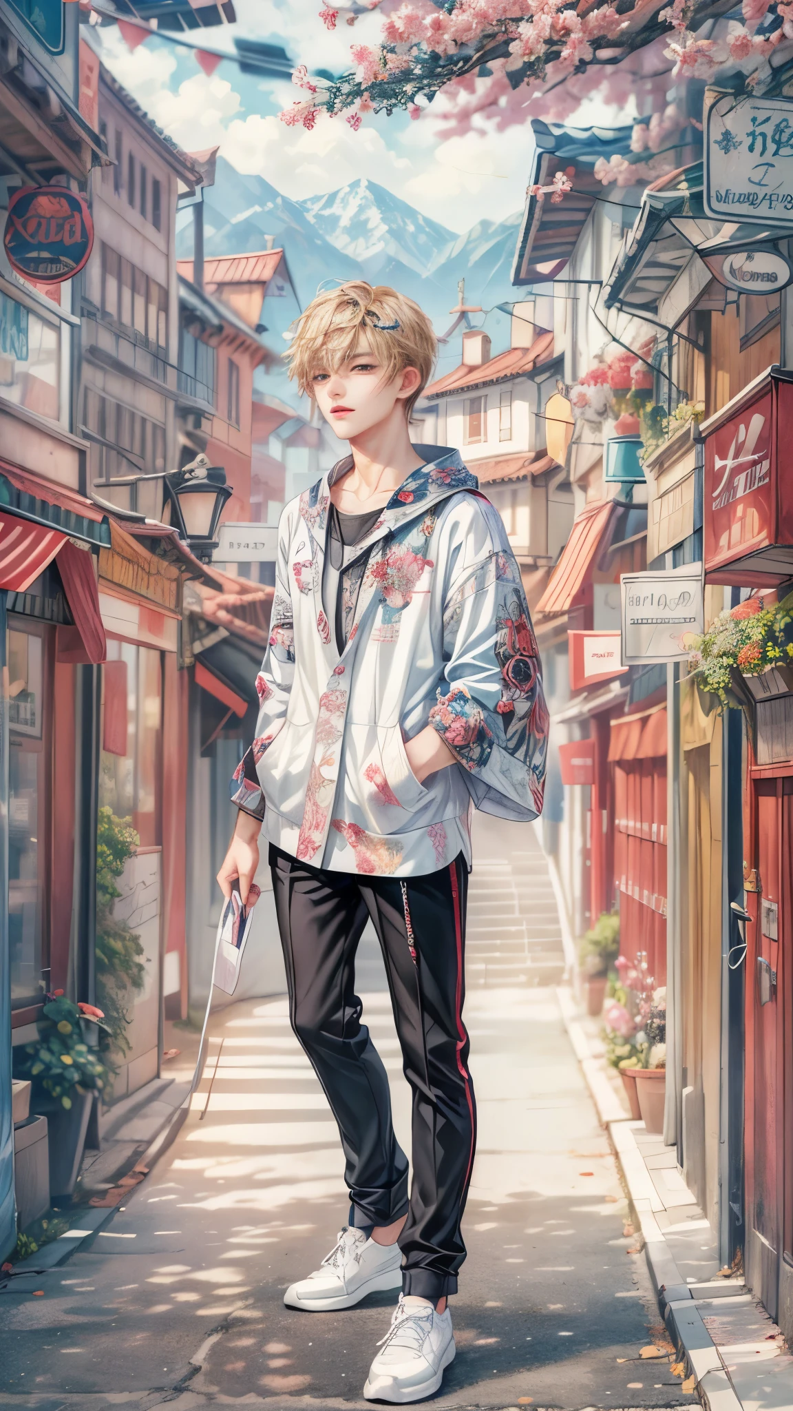 (absurdres, highres, ultra detailed, HDR), masterpiece, intricate, best quality, portrait of a character from Ikemen Shoujo Manga, a male idol in a detailed scenery town background , kpop idol