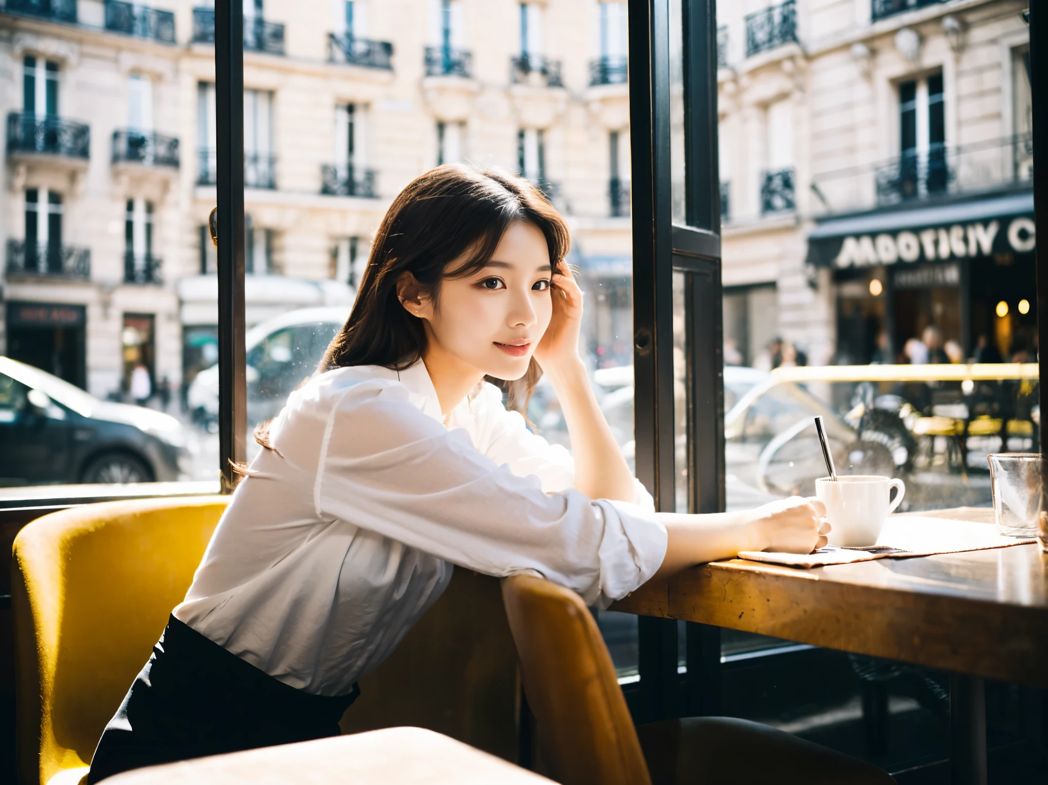 Photo of Korean woman sitting at table holding coffee window sunlight at terrace cafe in Paris, brown hair, dynamic pose, skin texture, white skin, shiny skin, (slim, small:1.2), [:(focus clearly on the face, detailed face, perfect eyes, looking at the viewer:1.2):0.2], realistic, film grain, highest quality, masterpiece 