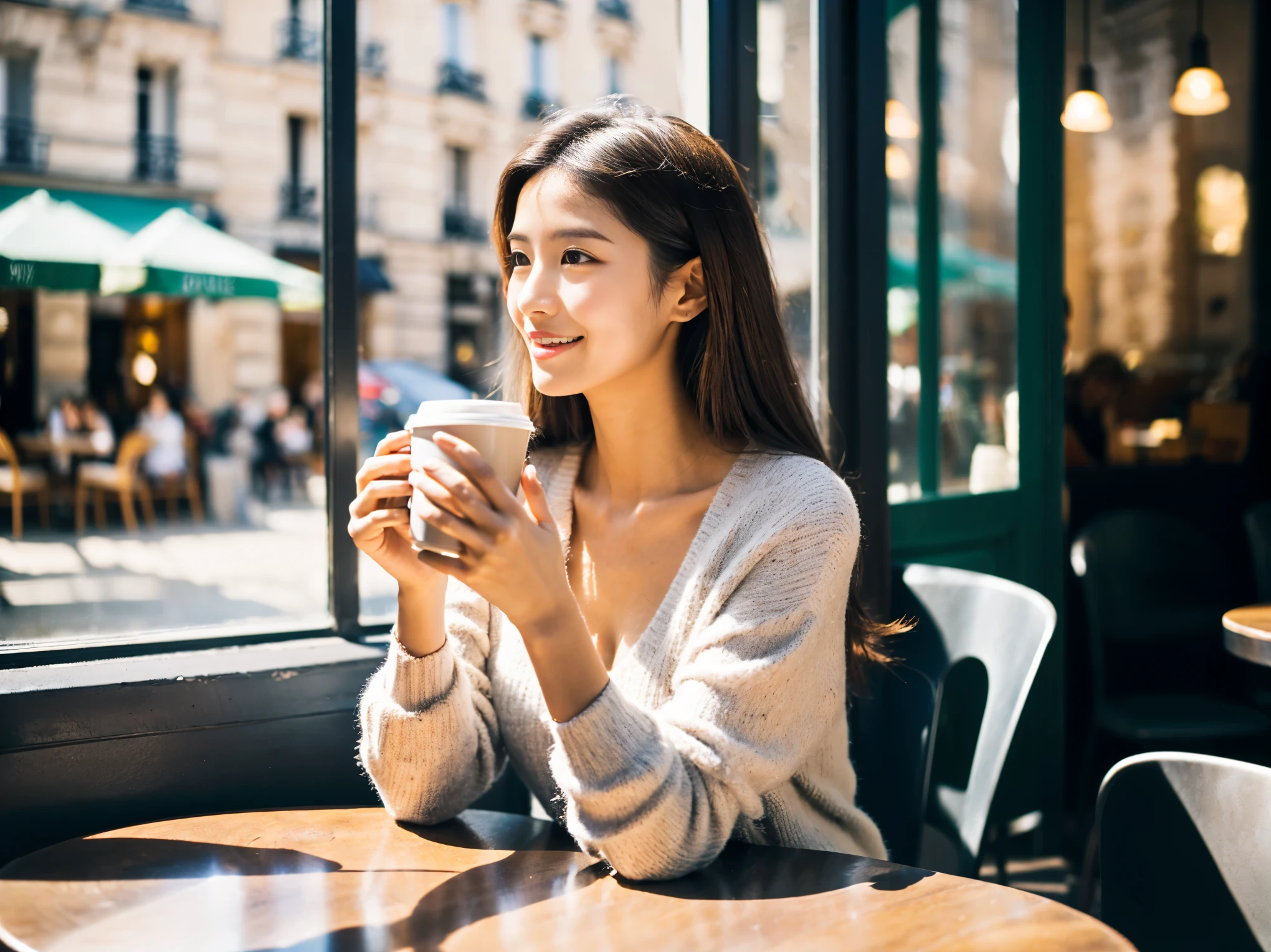 Photo of Korean woman sitting at table holding coffee window sunlight at terrace cafe in Paris, brown hair, dynamic pose, skin texture, white skin, shiny skin, (slim, small:1.2), [:(focus clearly on the face, detailed face, perfect eyes, looking at the viewer:1.2):0.2], realistic, film grain, highest quality, masterpiece 