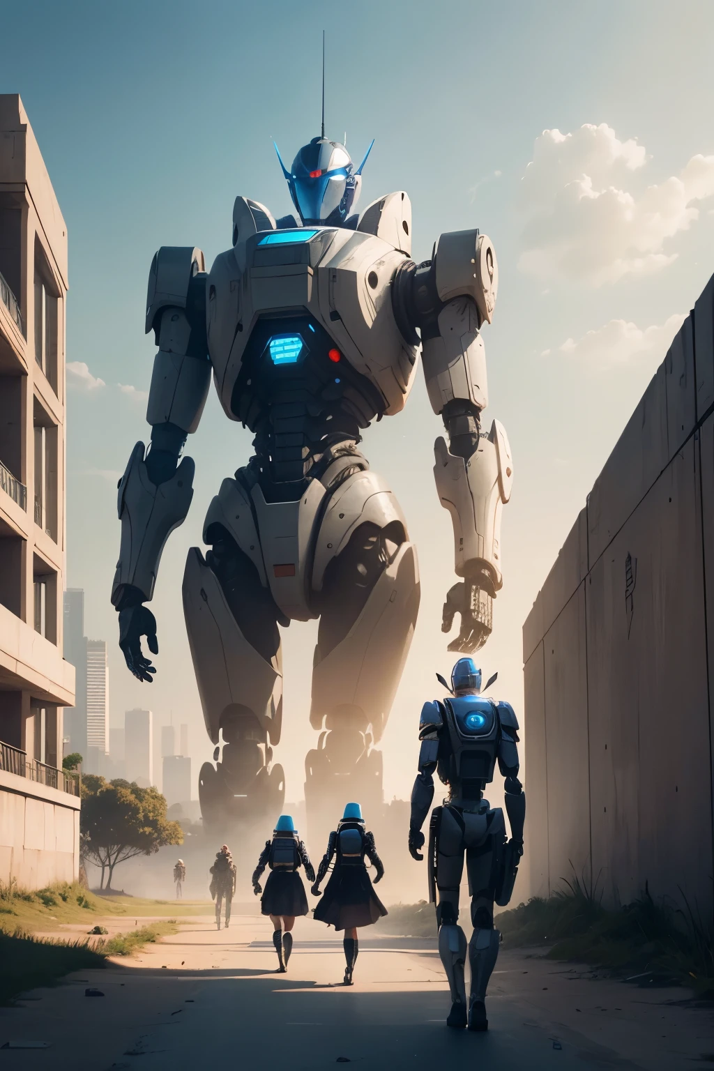 Un robot con un humano al lado de espaldas, fondo ciudad que tenga ruinas y tenga edificios muy altos y hierba, dos escuelas, one classic and the other futuristic. Robot children emerge from the classical school and humans emerge from the futuristic school.