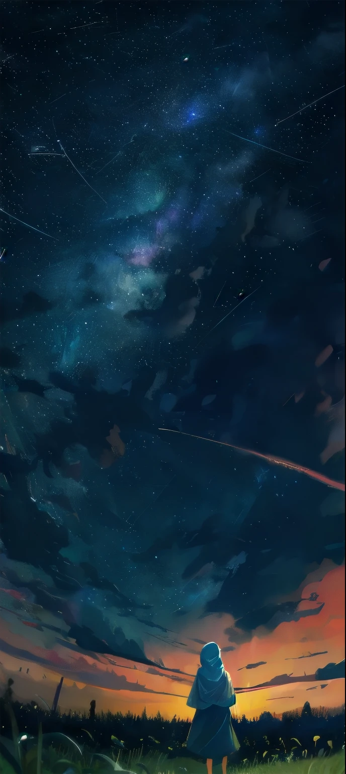 (meteor shower:1.2), (comet:1.1), low angle, from behind, aroura borealis, shooting star, hijab girl standing in a field,best quality, masterpiece, cloud,colorful, starry,stars,