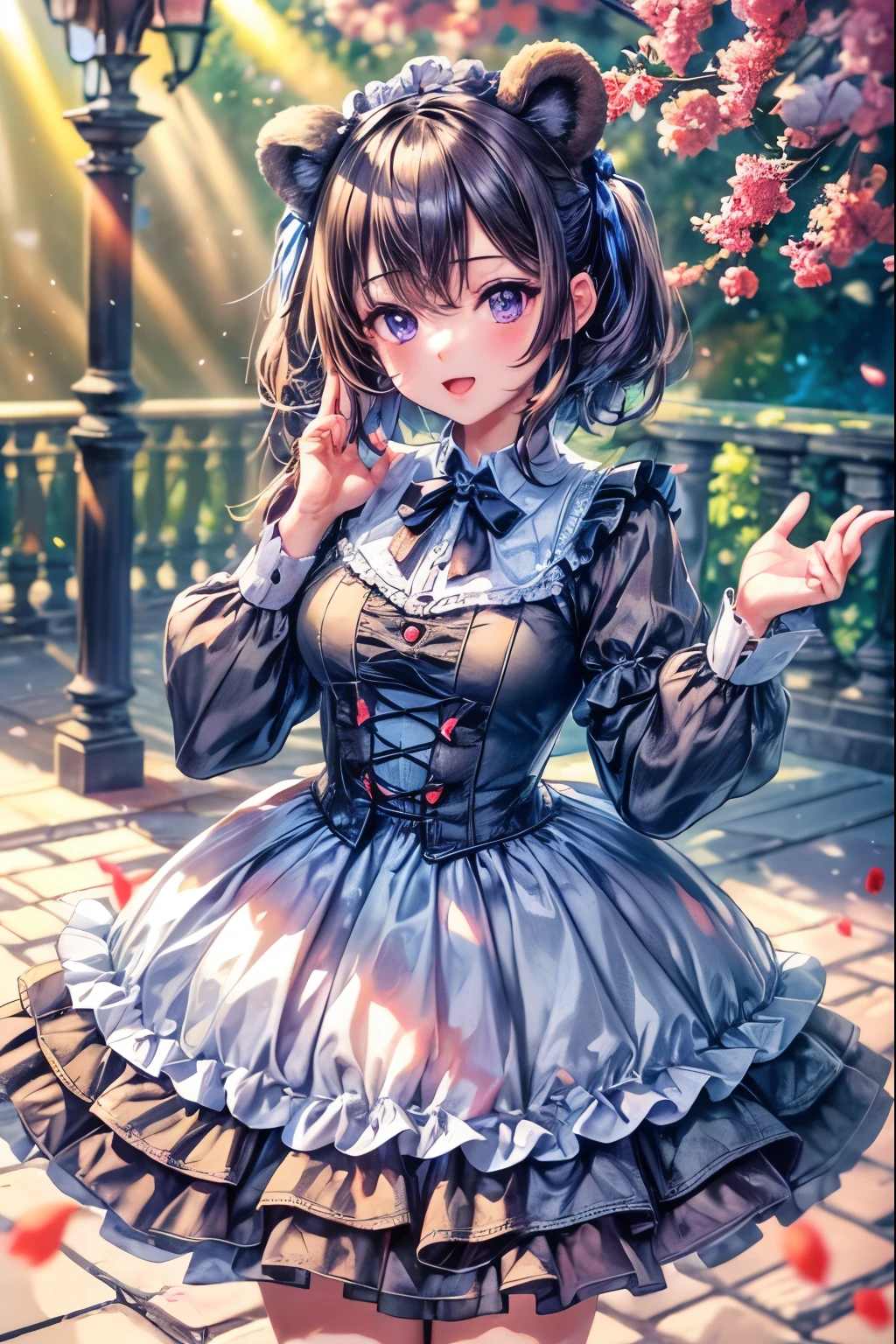 (32k), ((worst quality, low quality)), ((Kemonomimi girl with black bear ears)), (Gothic ), ((Black hair berry berry short)), plump and glossy lips, (Beautiful purple eyes:1.3), spoken word heart, Large slouched posture, (perfect hands), (amusement park background), (Cherry tree), ((shining sunlight)), (light particles, shine of light, light:1.4), muste piece,best quality,Super detailed,