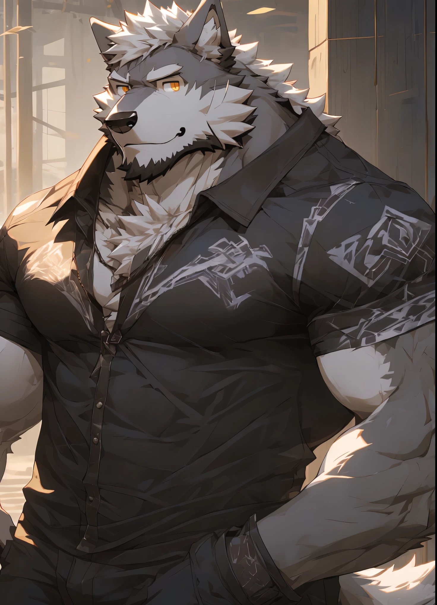 (masterpiece)，(Very detailed)，(Very detailed)，(best quality)，hairy，Wolf，gray fur，white hair，golden pupils，muscular，Strong build，smirk，(Black casual wear (Open 1.2))，((wall shot))，8k，((high quality))