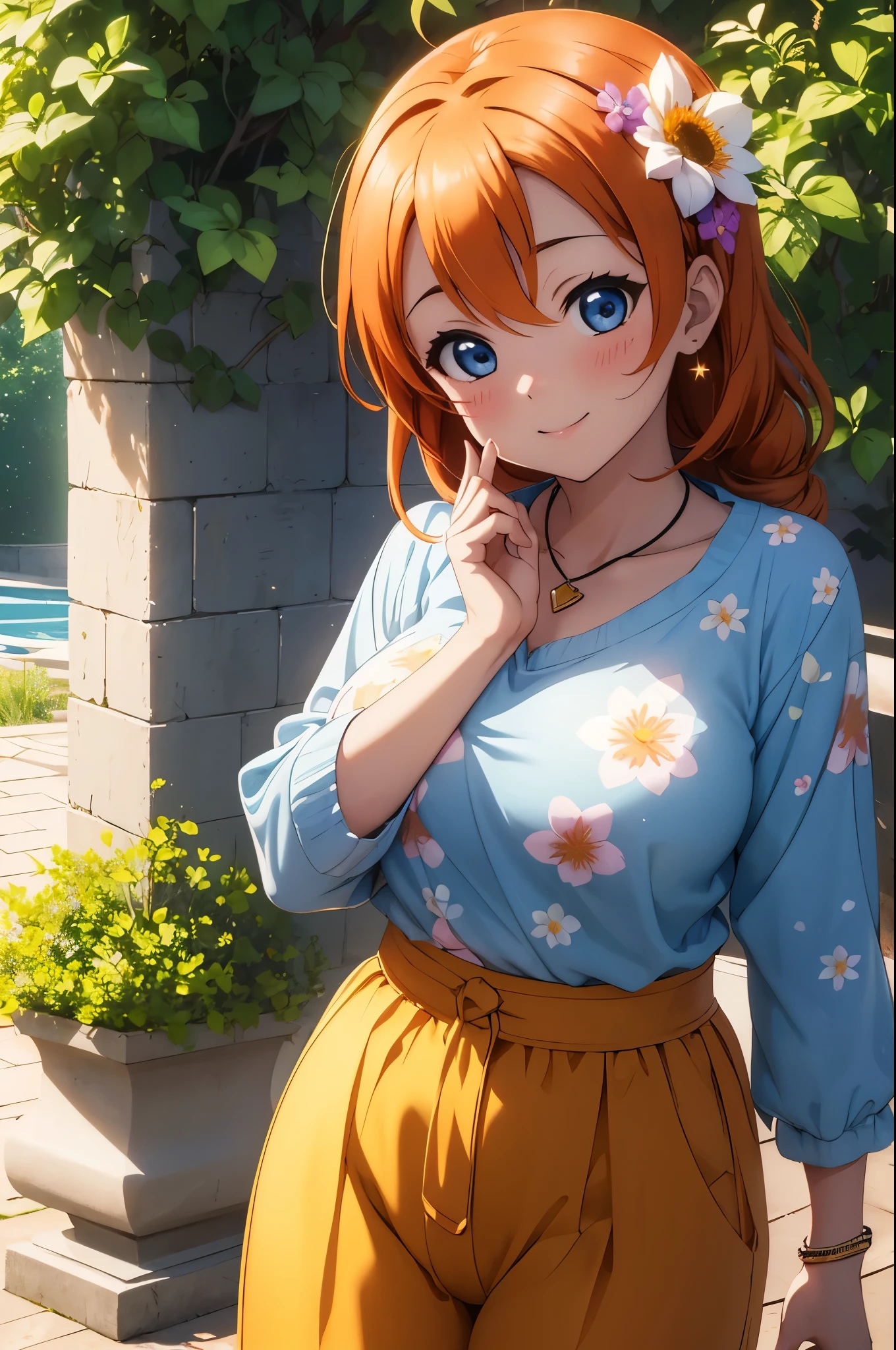 (Masterpiece, Best Quality, High Quality), (chibi),kousaka honoka, orange hair,low ponytail, blue eyes, volumetric lighting, illustration, beautiful, tight , Blushing, breasts, looking at viewer, blue top with shining stars, white harem pants,solo, floral print,looking to the side, confident, seductive smile, (head tilt:1.1), heart pendant,perfect lighting, perfect shadows, flower, (breathtaking scenery:1.1), tree, blushing