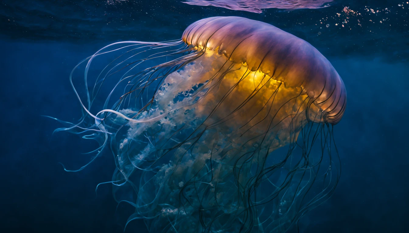 (une belle, mesmerizing round jellyfish),(Bioluminescent jellyfish:1.3),(tentacules doux et brillants),(Corps ),(mouvements délicats et gracieux),(Underwater scene),(eau d&#39;un bleu profond),(reflets subtils),(soft, ambient lighting),(Ethereal beauty),(mouvement fluide et fluide, mysterious and enchanting),(couleurs vibrantes dans les environs),(detailed texture on the tentacles),(hidden patterns on the body),(captivant et surnaturel),(faisceaux lumineux réfractés),(ambiance sereine et paisible),(capturer l&#39;essence de la vie oceanique),(immersed in a quiet world),(danse gracieuse dans les profondeurs de la mer),(conferring a feeling of tranquility and respect),(ombres et lumières dansantes),(capturer l&#39;essence de l&#39;marine elegance),(sensory experience),(ondulations subtiles à la surface de l’eau),(motifs fractals illuminant les environs),(illuminé par bioluminescence),(structure corporelle complexe et délicate),(mouvement serein dans l&#39;eau),(mouvement subtil de l&#39;eau autour d&#39;elle),(evoking a feeling of&#39;wonder),(revealing the hidden beauty of&#39;ocean),(translucent and ethereal),(create a sentiment d&#39;harmonie et d&#39;wonder),(un chef-d&#39;work of nature design),(creating a harmonious contrast between light and&#39;darkness),(une symphonie de couleurs et de textures),(transformer l&#39;ordinaire en extraordinaire),(une exposition captivante de la beauté de la nature).