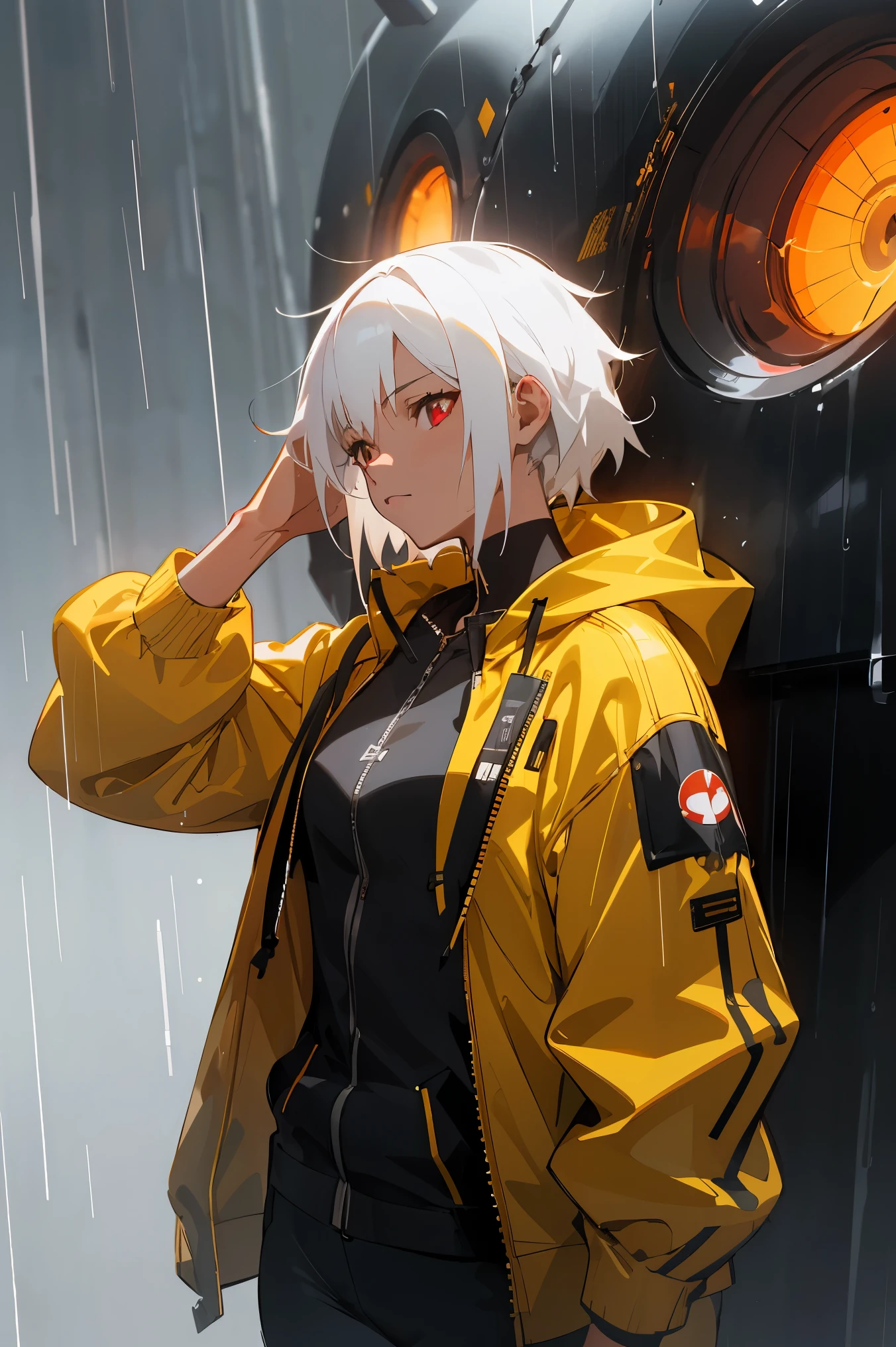 1girl, MUSCULAR, 35 years old woman, black woman, yellow jacket, Red eyes, rain, outdoor, hoodie, open jacket, looking at another, messy white hair, trending on artstation, 8k resolution, highly detailed, anatomically correct, sharp image, digital painting, concept art, trending on pixiv, style of makoto shinkai,