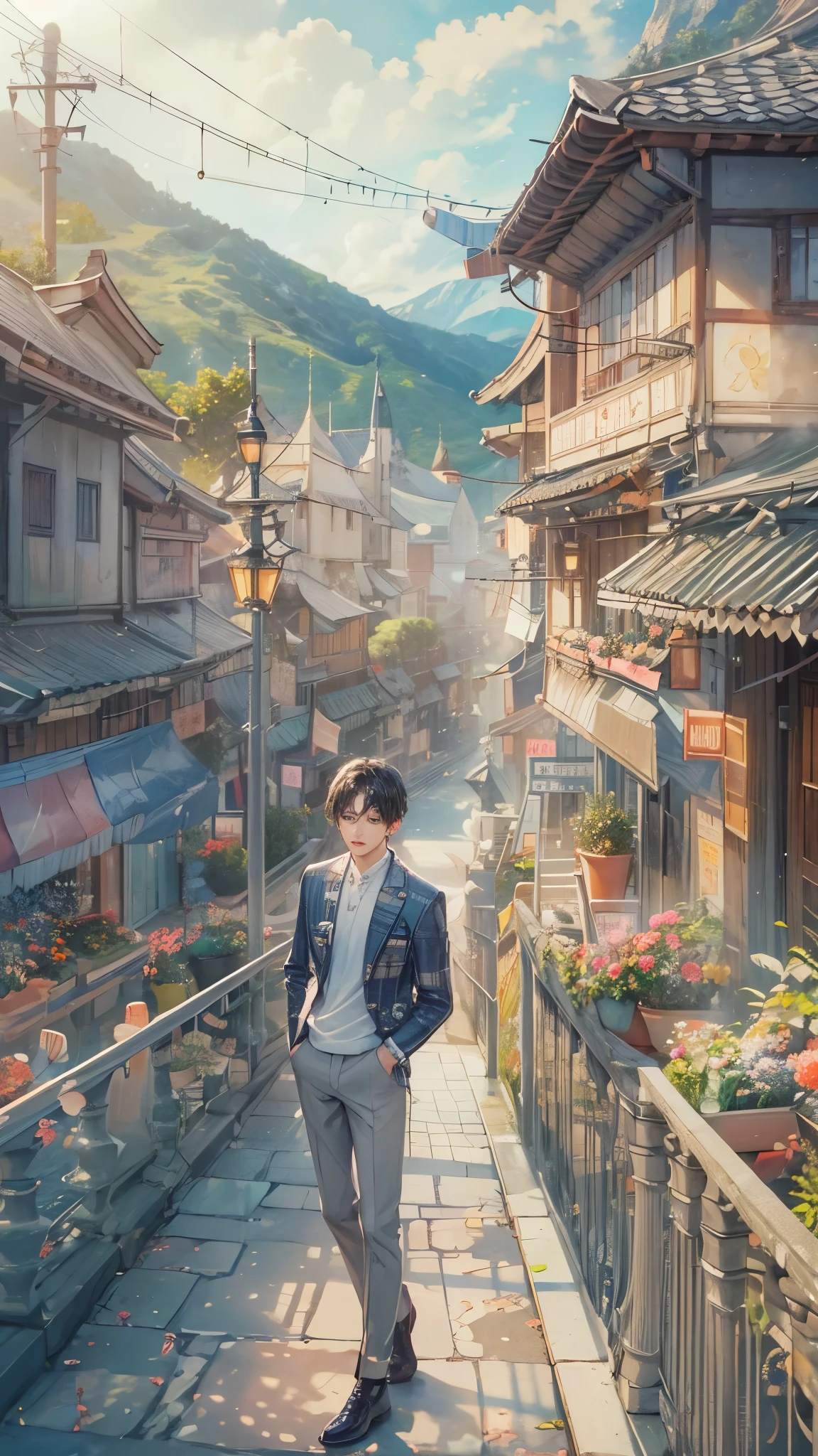 (absurdres, highres, ultra detailed, HDR), masterpiece, intricate, best quality, portrait of a character from Ikemen Shoujo Manga, a male idol in a detailed scenery town background , kpop idol