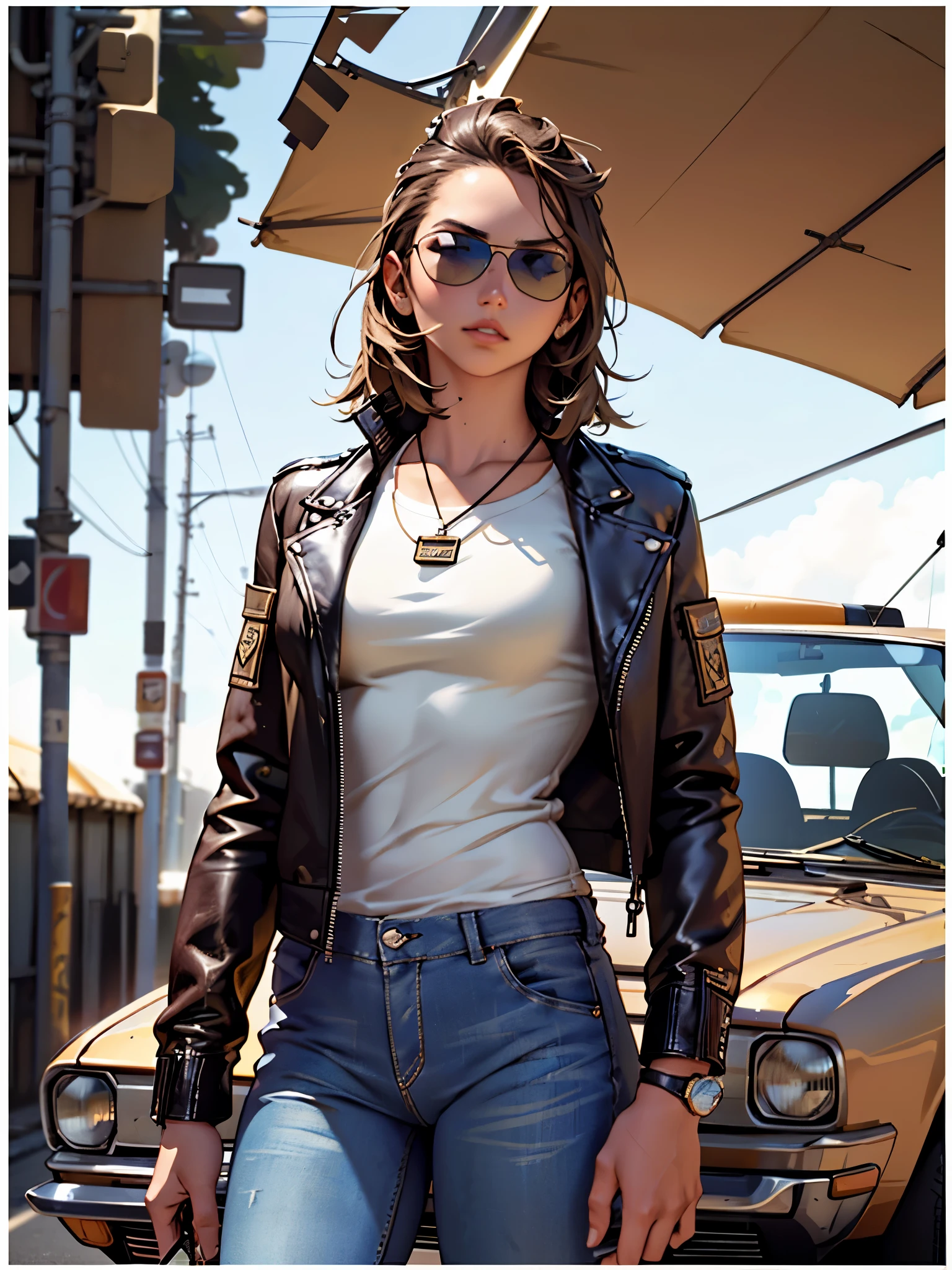 solo Ana de Armas ((anadarm_s)) as fitness model in t shirt and jeans, wearing a leather jacket and (aviator sunglasses:1.3), dark, professional film photograph, style of Helmut Newton