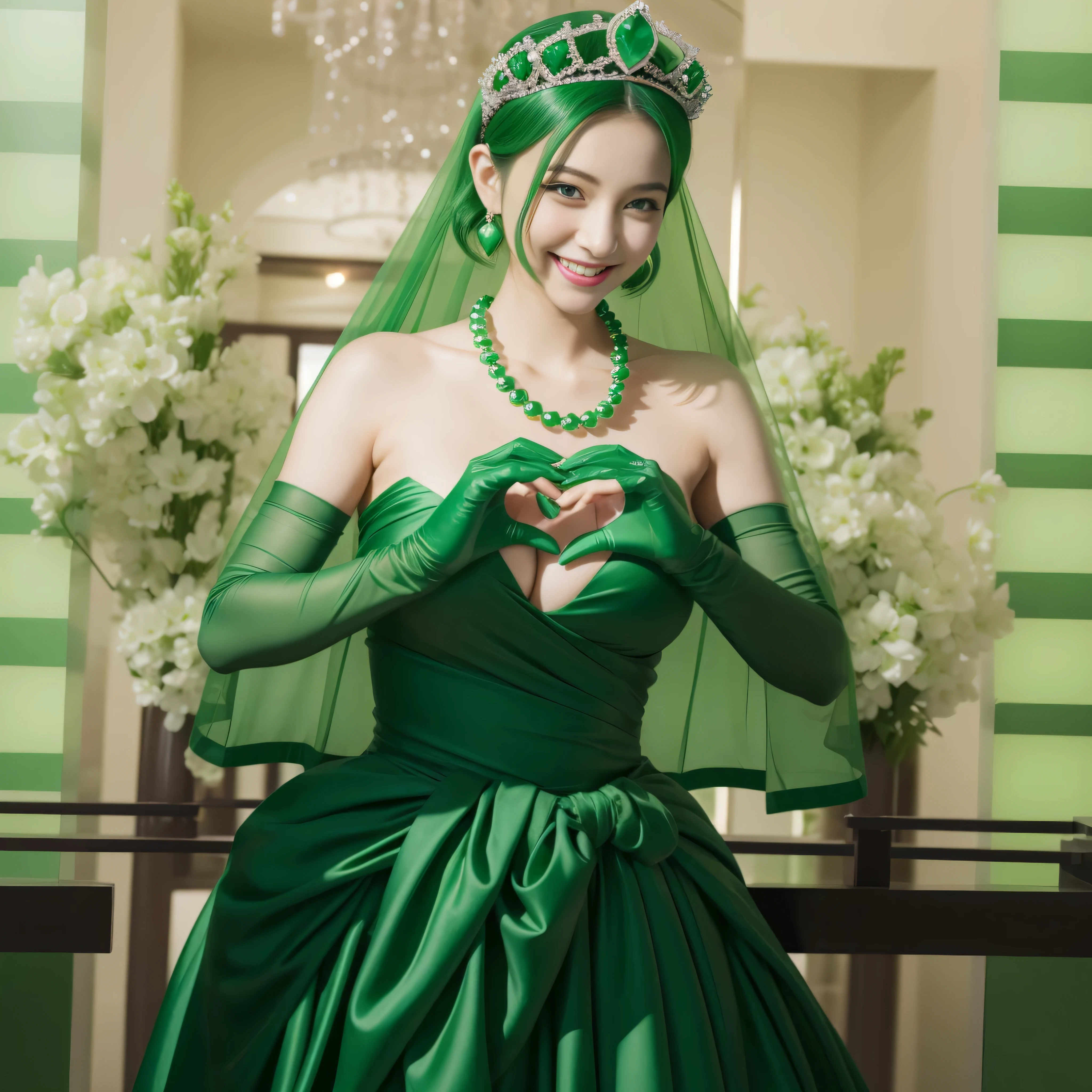 emerald tiara, Green Pearl Necklace, ボーイッシュな非常に短いgreen hair, green lips, smiling Japanese woman, very short hair,  Beautiful woman with big breasts, green eyes, green satin long gloves, green eyes, emerald earrings, Green veil, Heart with both hands, green hair, beautiful japanese woman, heart shaped hands:1.3, green lip gloss,pregnancy