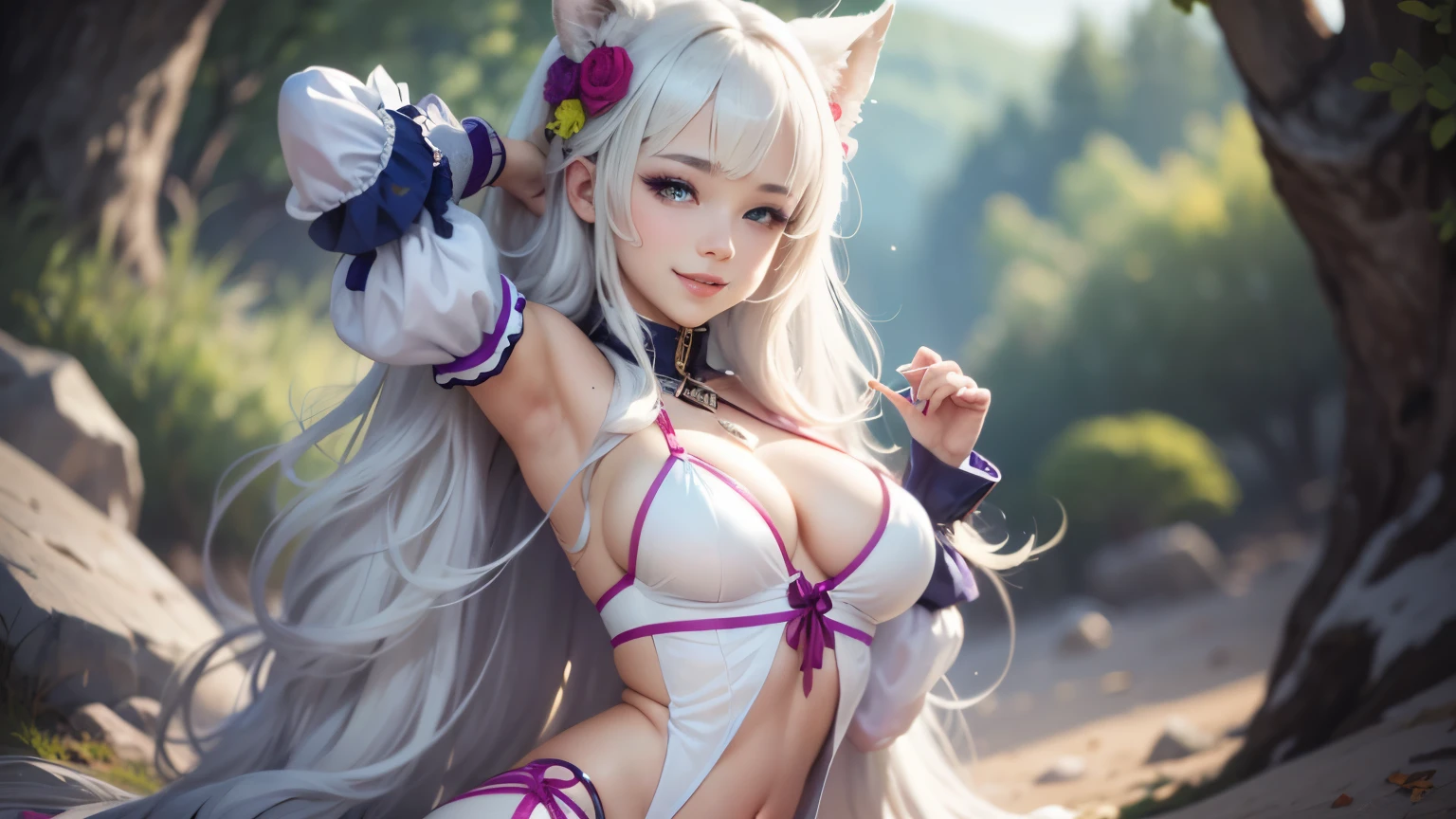 anime girl, white pantyhose, white clothes, white boots, long silver hair, purple eyes, sexy pose, highest quality, cleavage、beautiful eyes、smile