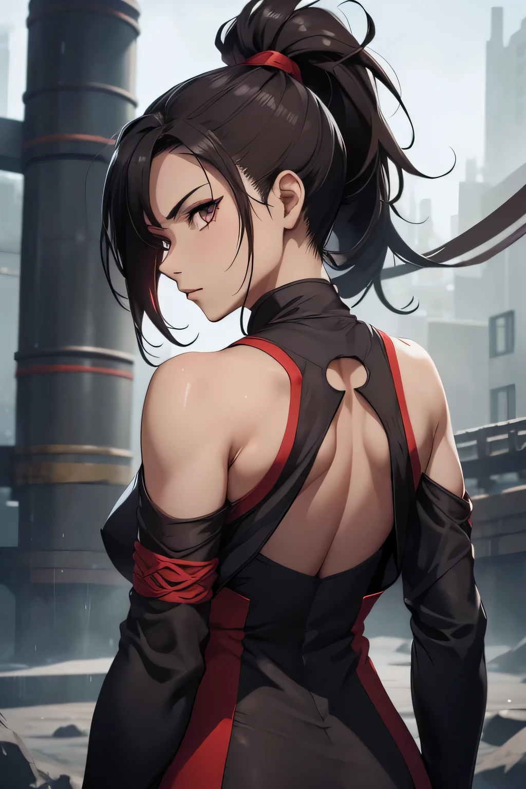 1 kunoichi, fair skin, long dark hair, ponytail, brown eyes, ((detailed eyes:1.2)), medium breasts, wearing ninja suit, sexy, nsfw, sensual, backless, sleevelesasterpiece, top quality, best quality, official art, beautiful and aesthetic:1.2), extreme detailed, colorful, highest detailed