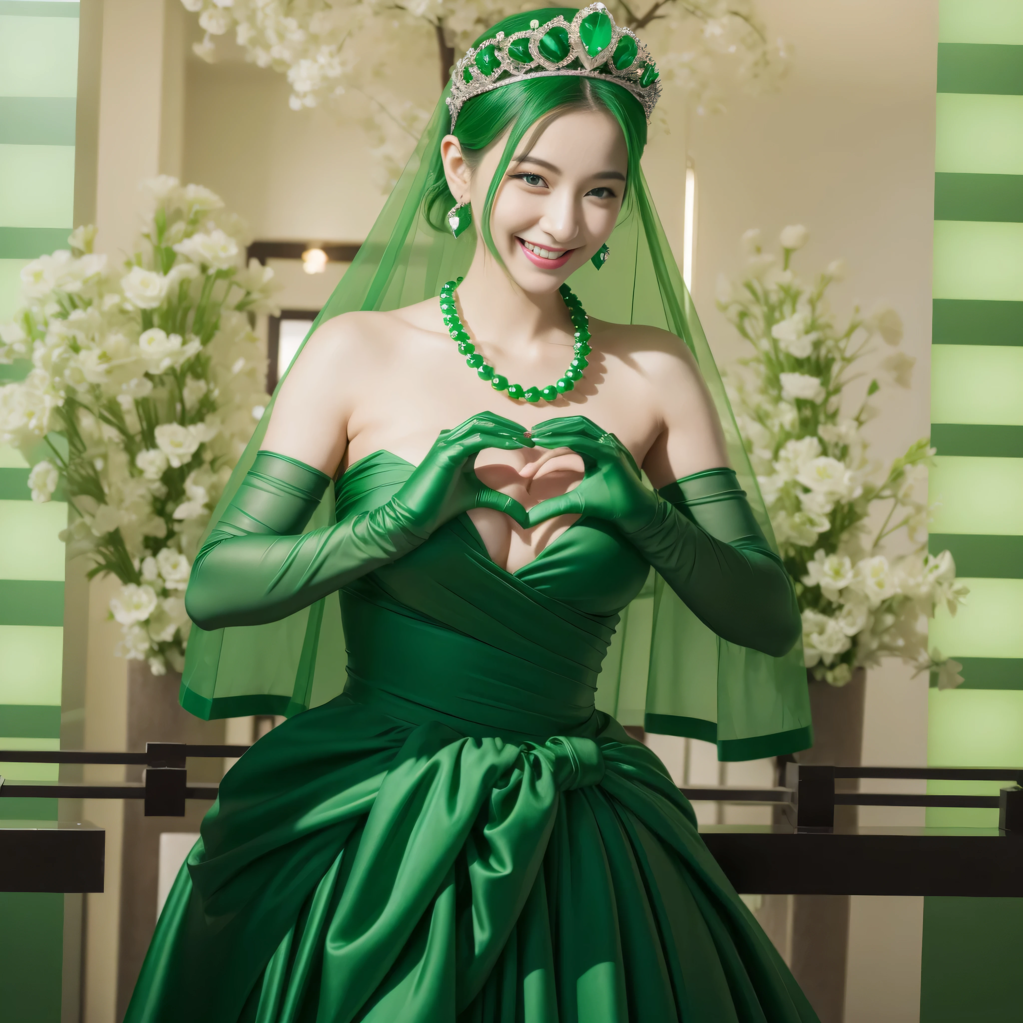 emerald tiara, Green Pearl Necklace, ボーイッシュな非常に短いgreen hair, green lips, smiling Japanese woman, very short hair,  Beautiful woman with big breasts, green eyes, green satin long gloves, green eyes, emerald earrings, Green veil, Heart with both hands, green hair, beautiful japanese woman, heart shaped hands:1.3, green lip gloss,pregnancy