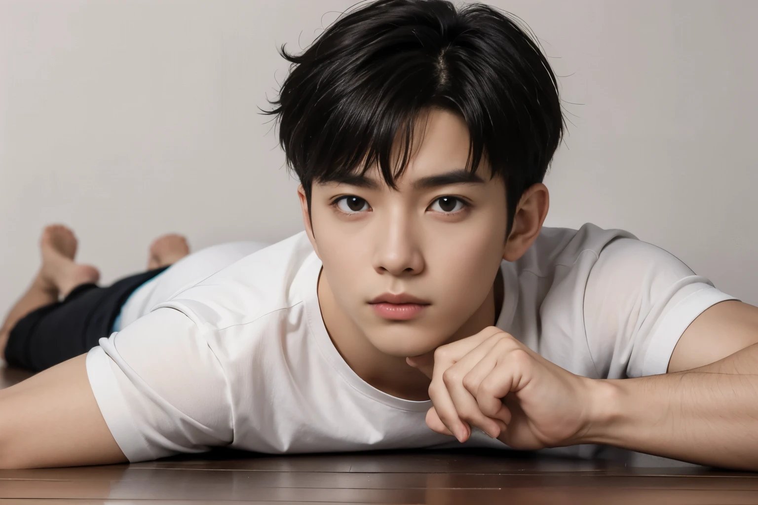 full length picture of a casual young man lying on the floor and looking into the camera with a serious expression on his face. on a white background,Masterpiece，8K