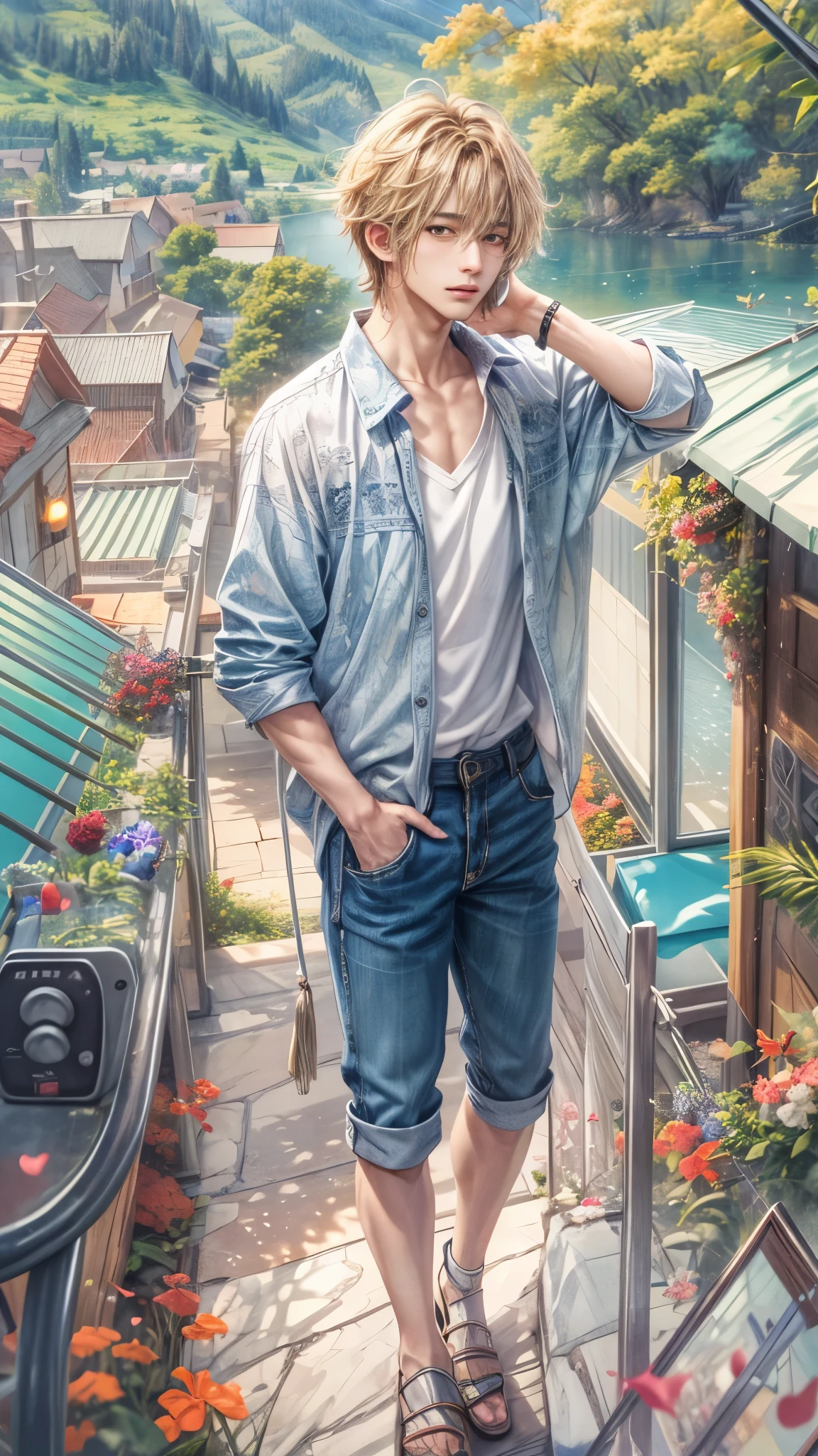 (absurdres, highres, ultra detailed, HDR), masterpiece, intricate, best quality, portrait of a character from Ikemen Shoujo Manga, a male idol in a detailed scenery town background , kpop idol
