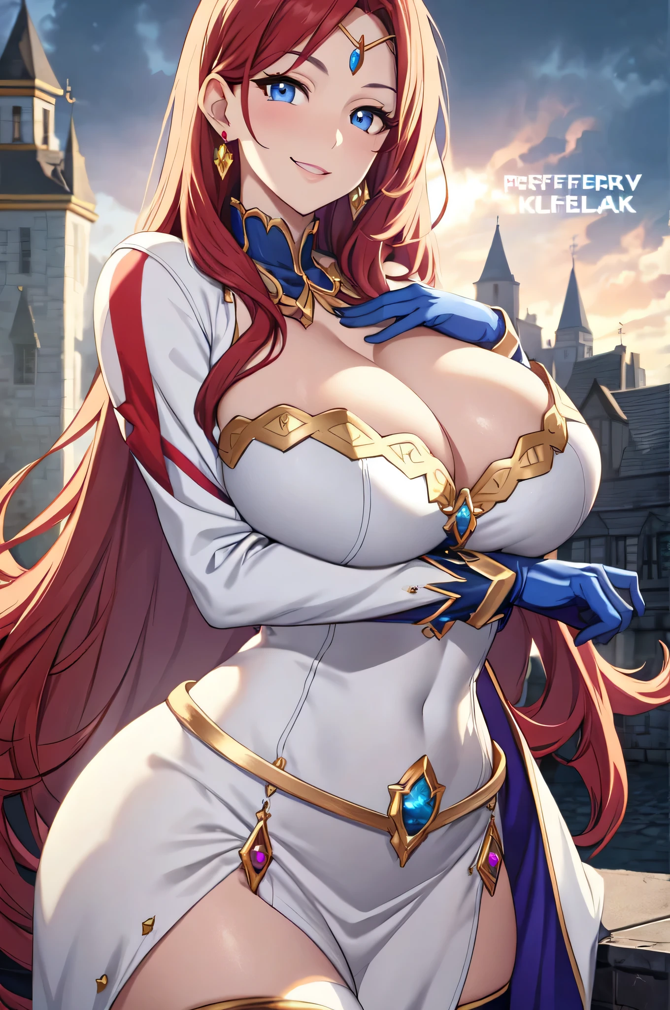 Lian, long red hair, hair stick, bangs, blue eyes, solo, smiling, standing, upper body, hips, bare shoulders,purple thighhighs, white dress, gold jewelry,armor,gloves,circlet, cleavage, red and gold royal castle, gigantic breasts, (best quality, masterpiece, beautiful and aesthetic:1.2, highest detailed face, perfect face,)  eyes, perfect face,expressive eyes,
looking at viewer, in the center of the image,(Upper_body),(Focus on her face),
official art,extremely detailed CG unity 8k wallpaper, perfect lighting,Colorful, Bright_Front_face_Lighting,shiny skin, 
(masterpiece:1.0),(best_quality:1.0), ultra high res,4K,ultra-detailed
