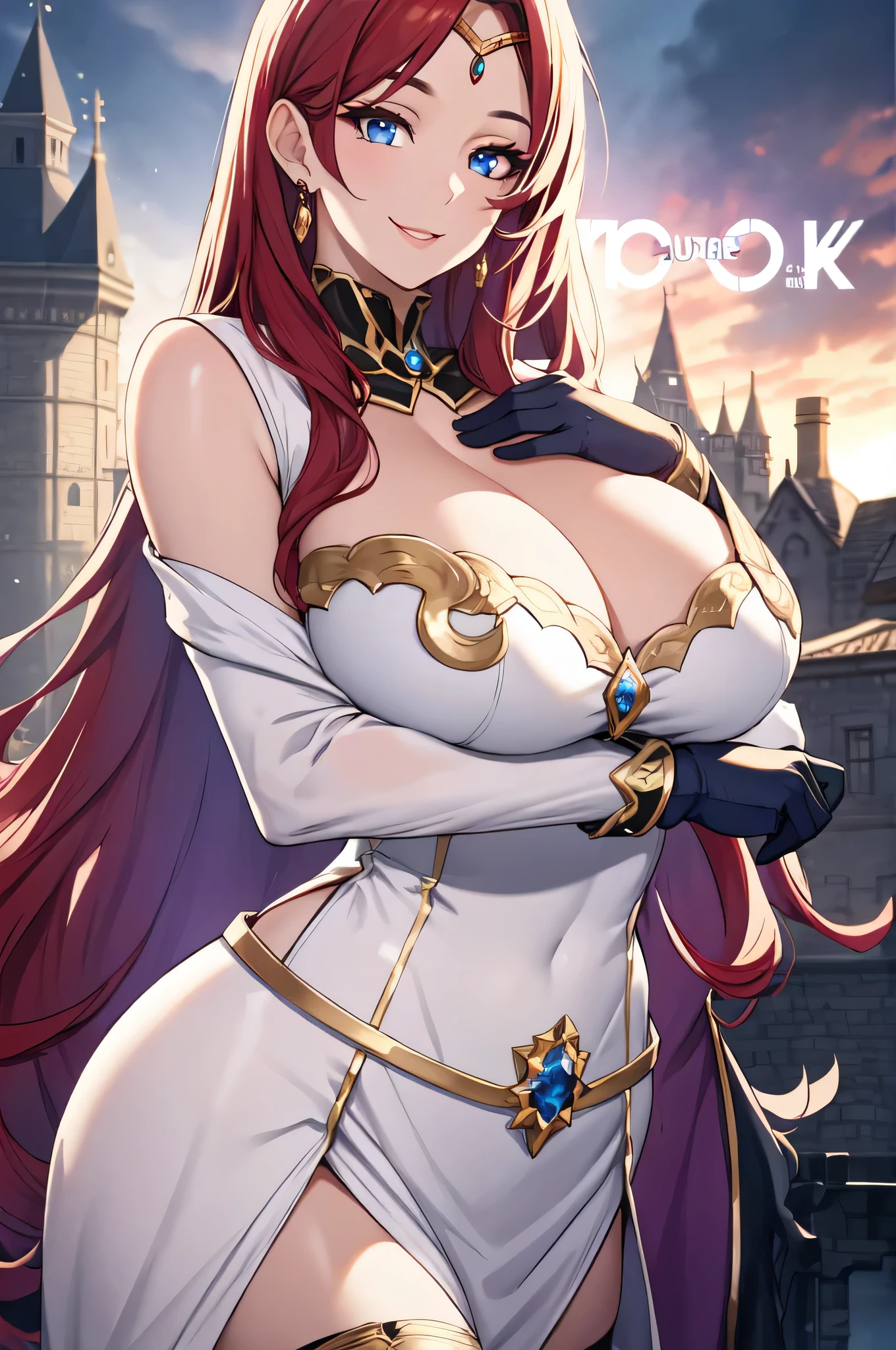 Lian, long red hair, hair stick, bangs, blue eyes, solo, smiling, standing, upper body, hips, bare shoulders,purple thighhighs, white dress, gold jewelry,armor,gloves,circlet, cleavage, red and gold royal castle, gigantic breasts, (best quality, masterpiece, beautiful and aesthetic:1.2, highest detailed face, perfect face,)  eyes, perfect face,expressive eyes,
looking at viewer, in the center of the image,(Upper_body),(Focus on her face),
official art,extremely detailed CG unity 8k wallpaper, perfect lighting,Colorful, Bright_Front_face_Lighting,shiny skin, 
(masterpiece:1.0),(best_quality:1.0), ultra high res,4K,ultra-detailed
