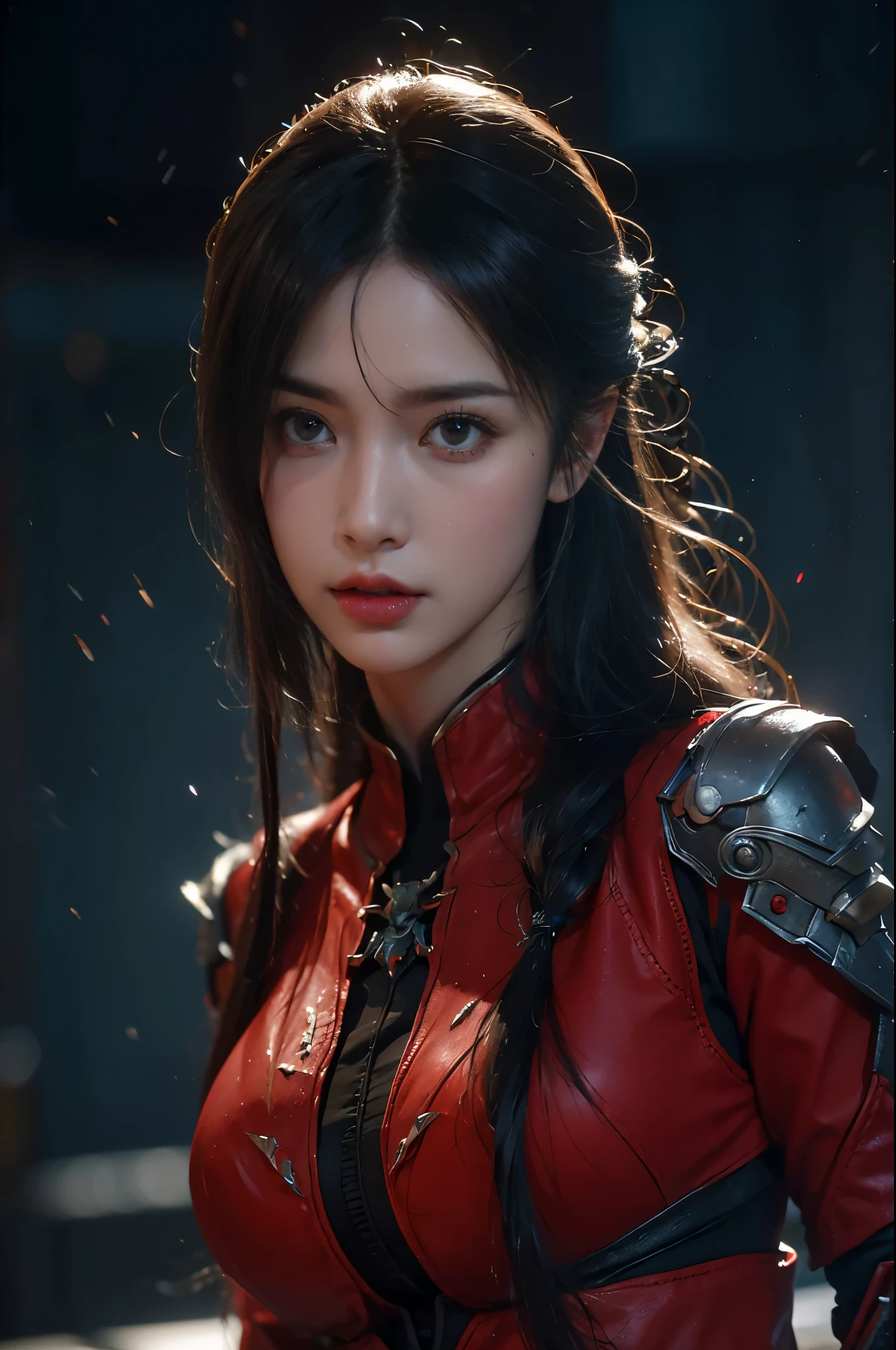 masterpiece,best quality,high resolution,8k,(portrait photo:1.5),(R original photo),real picture,digital photography,(Combination of cyberpunk and fantasy style),(female soldier),20 year old girl,Random hairstyle,through bangs,(red eye breasts, Accessories,red lips,(He frowned,sneer),(Cyberpunk combined with fantasy style clothing,hollow-carved design,joint armor,,red clothes,red),show your belly button,photo poses,Realistic style,Thunder and lightning on rainy day,(Thunder magic),oc render reflection texture