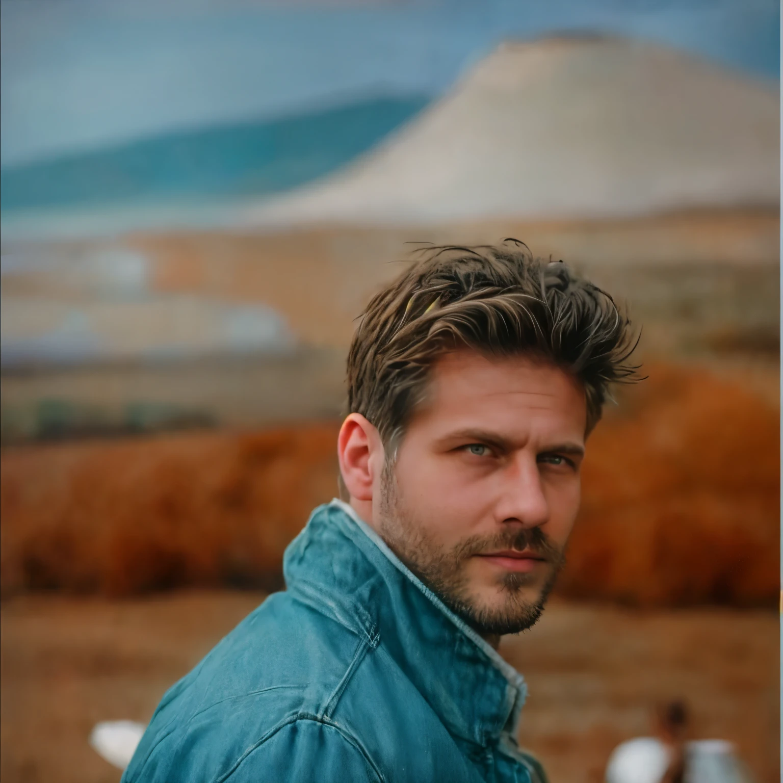 There is a man with short hair and a beard and a denim jacket, he is smiling, handsome man, handsome man, a very attractive man with a beard, handsome and attractive, attractive man, serious focused look, attractive man, handsome attractive face, great_ hairstyle, handsome face and beautiful face, masculine and handsome, portrait of rugged man, marcin blaszczak style, natural light, outdoor, handsome face