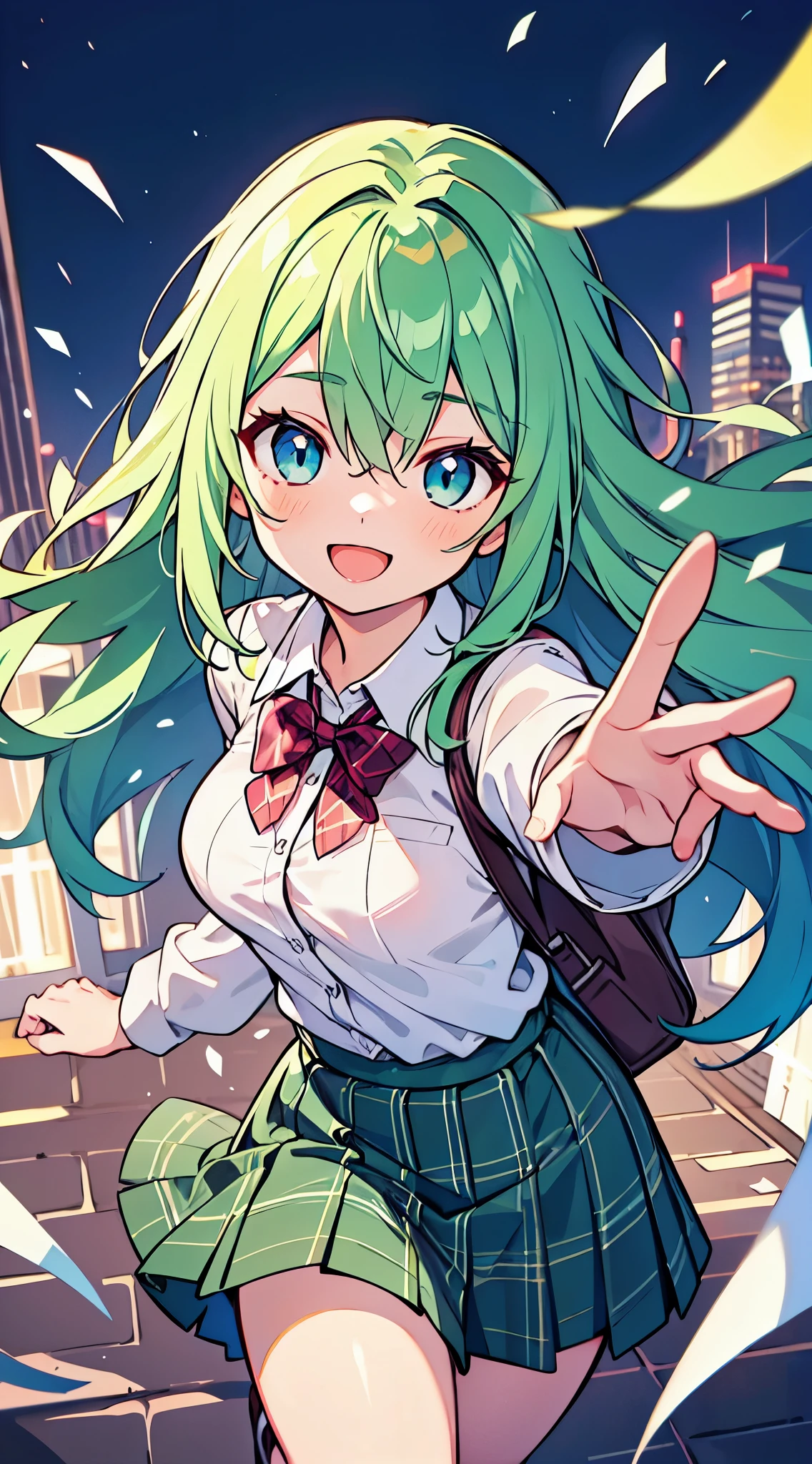 ((A Pretty High School girl with green hair and blue eyes)), ((Wearing white shirt and plaid skirt)), Baby face, ((master piece, top-quality, ultra-definition, high resolution)), anime girl, ((ultra-detailed illust:1.2)), only one person, bangs, hair between eye, beautiful hair, Shiny eyes, Medium breasts, Big smile, opened mouth, cityscape, reach out the hand to viewer