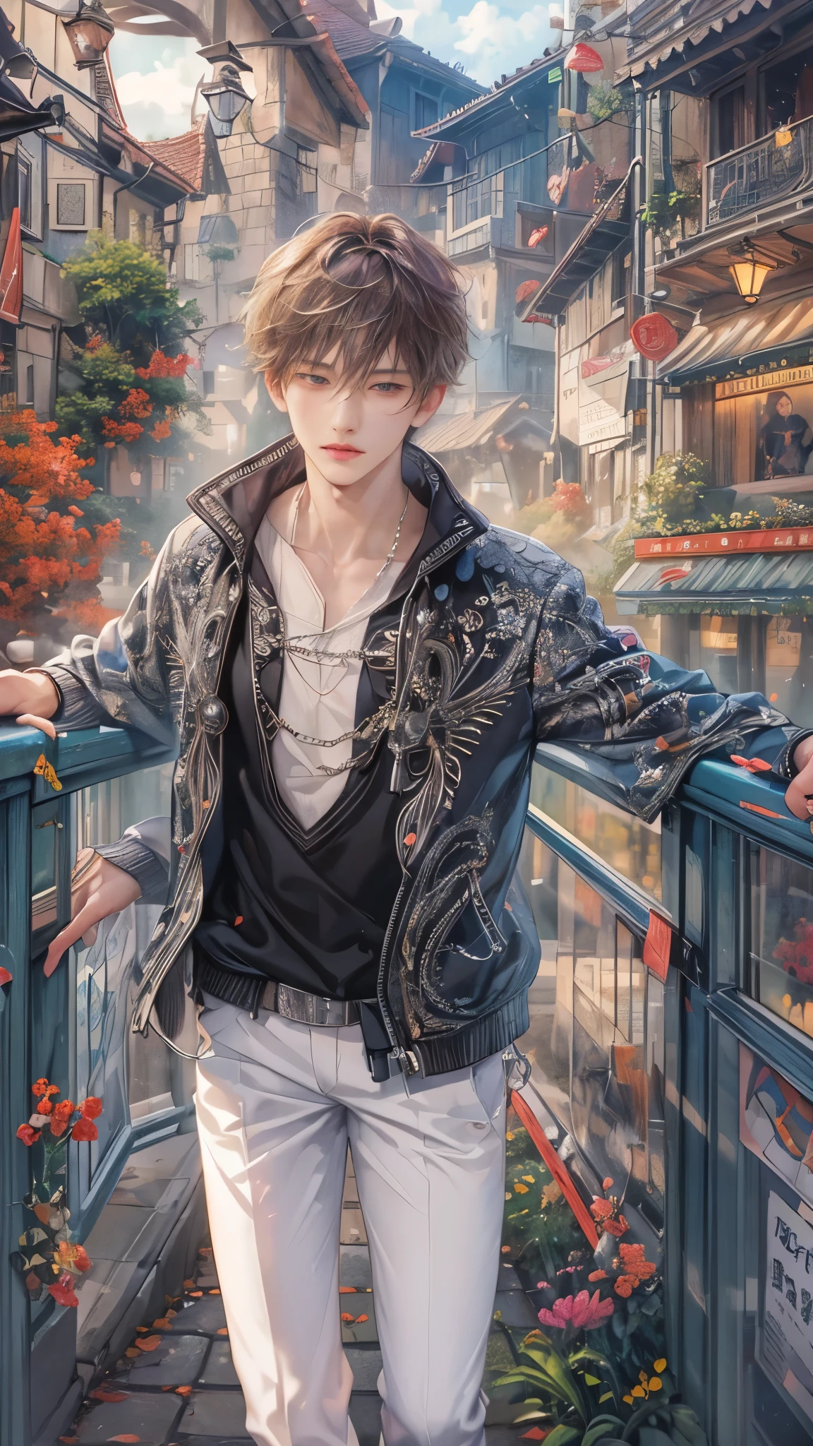 (absurdres, highres, ultra detailed, HDR), masterpiece, intricate, best quality, portrait of a character from Ikemen Shoujo Manga, a male idol in a detailed scenery town background , kpop idol