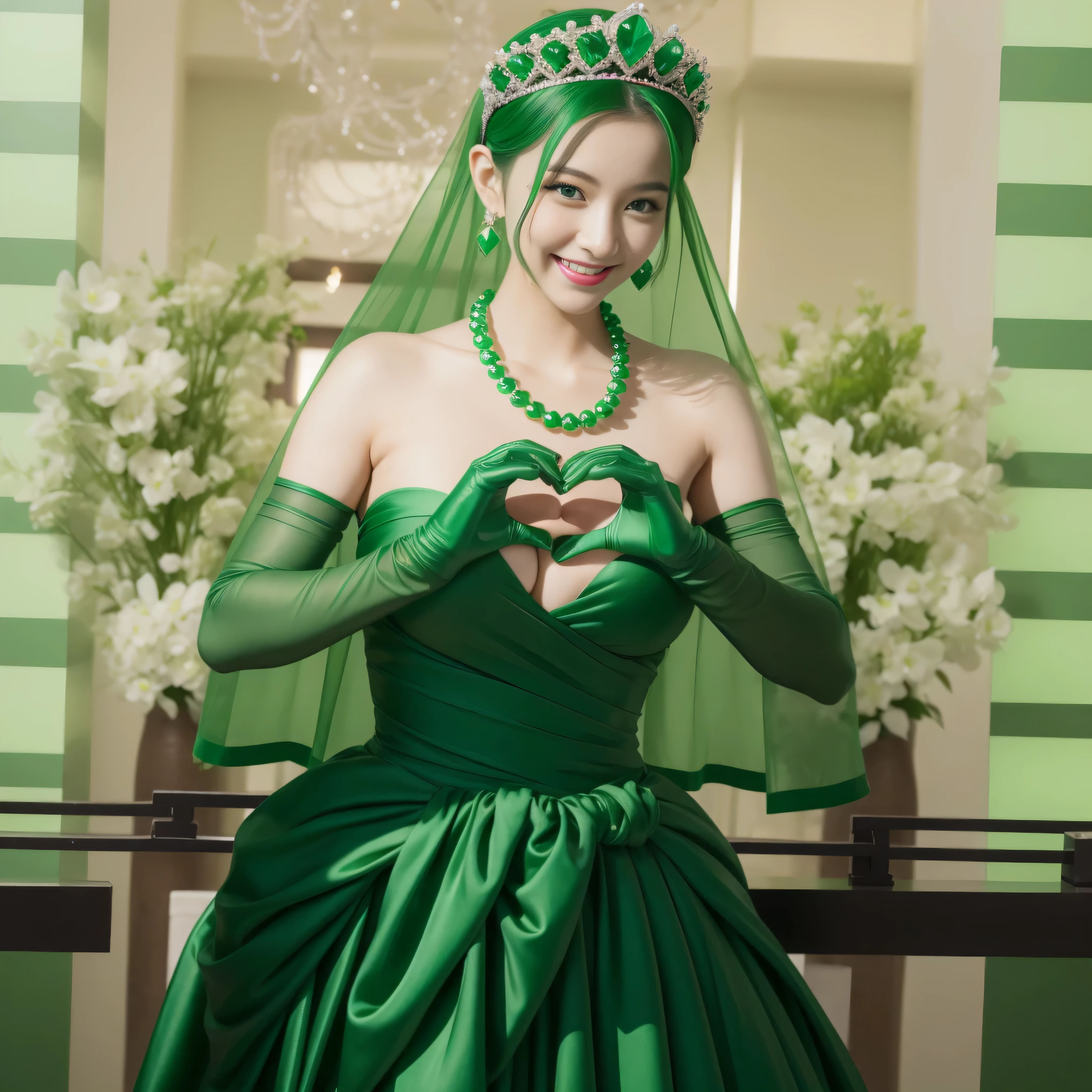 emerald tiara, Green Pearl Necklace, ボーイッシュな非常に短いgreen hair, green lips, smiling Japanese woman, very short hair,  Beautiful woman with big breasts, green eyes, green satin long gloves, green eyes, emerald earrings, Green veil, Heart with both hands, green hair, beautiful japanese woman, heart shaped hands:1.3, green lip gloss