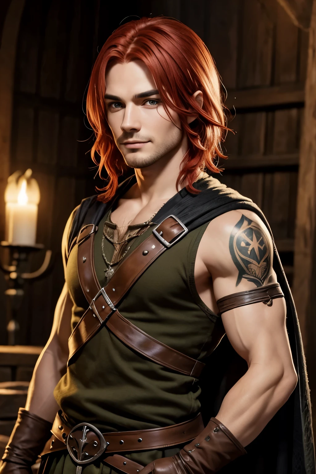 having red hair, High cheekbones and bright blue eyes. Ferreiro Vit, 18 years old, short black hair with a goatee mustache and a serious look and a little dark circles under his eyes from the middle ages