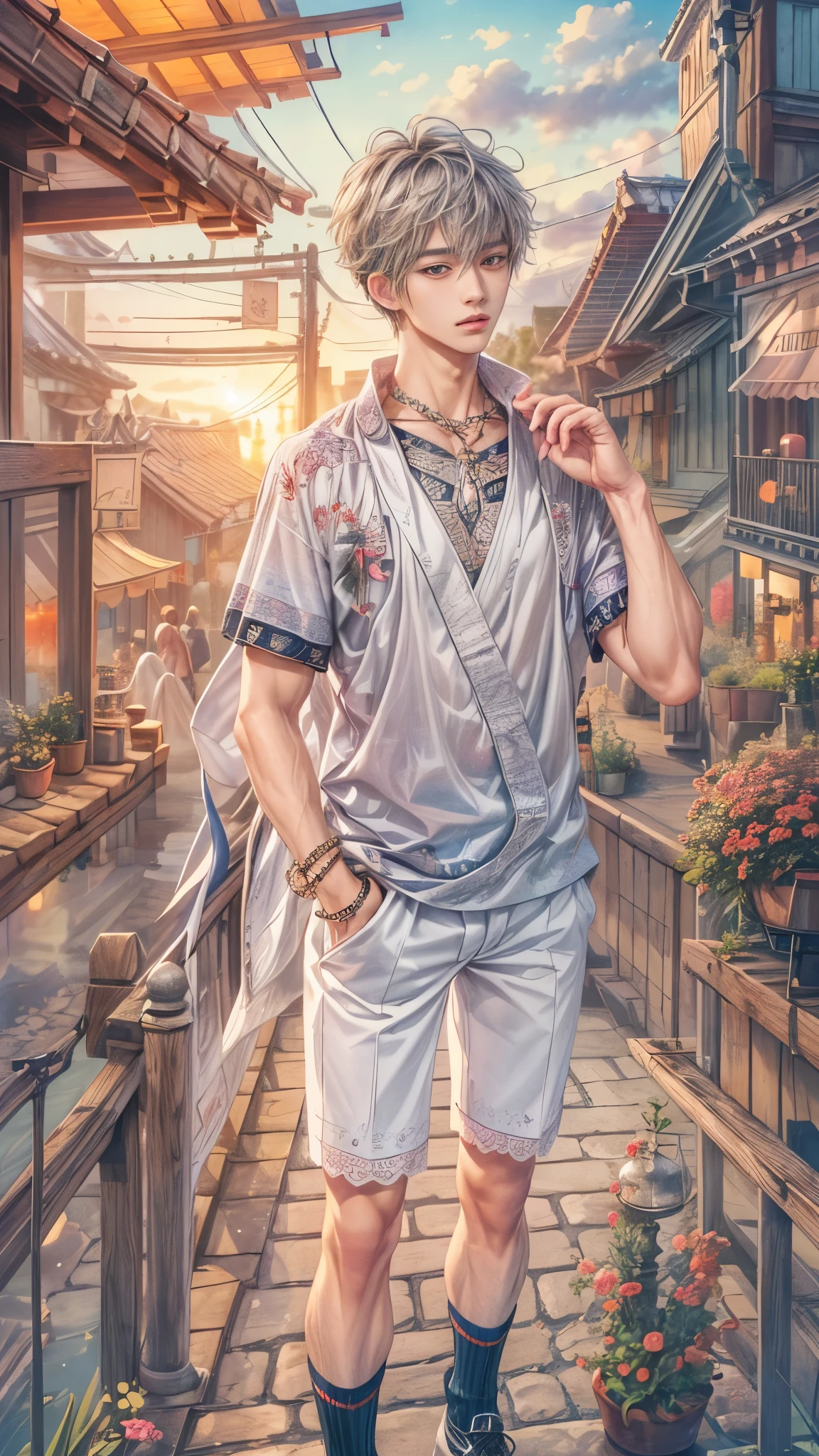 (absurdres, highres, ultra detailed, HDR), masterpiece, intricate, best quality, portrait of a character from Ikemen Shoujo Manga, a male idol in a detailed scenery town background , kpop idol