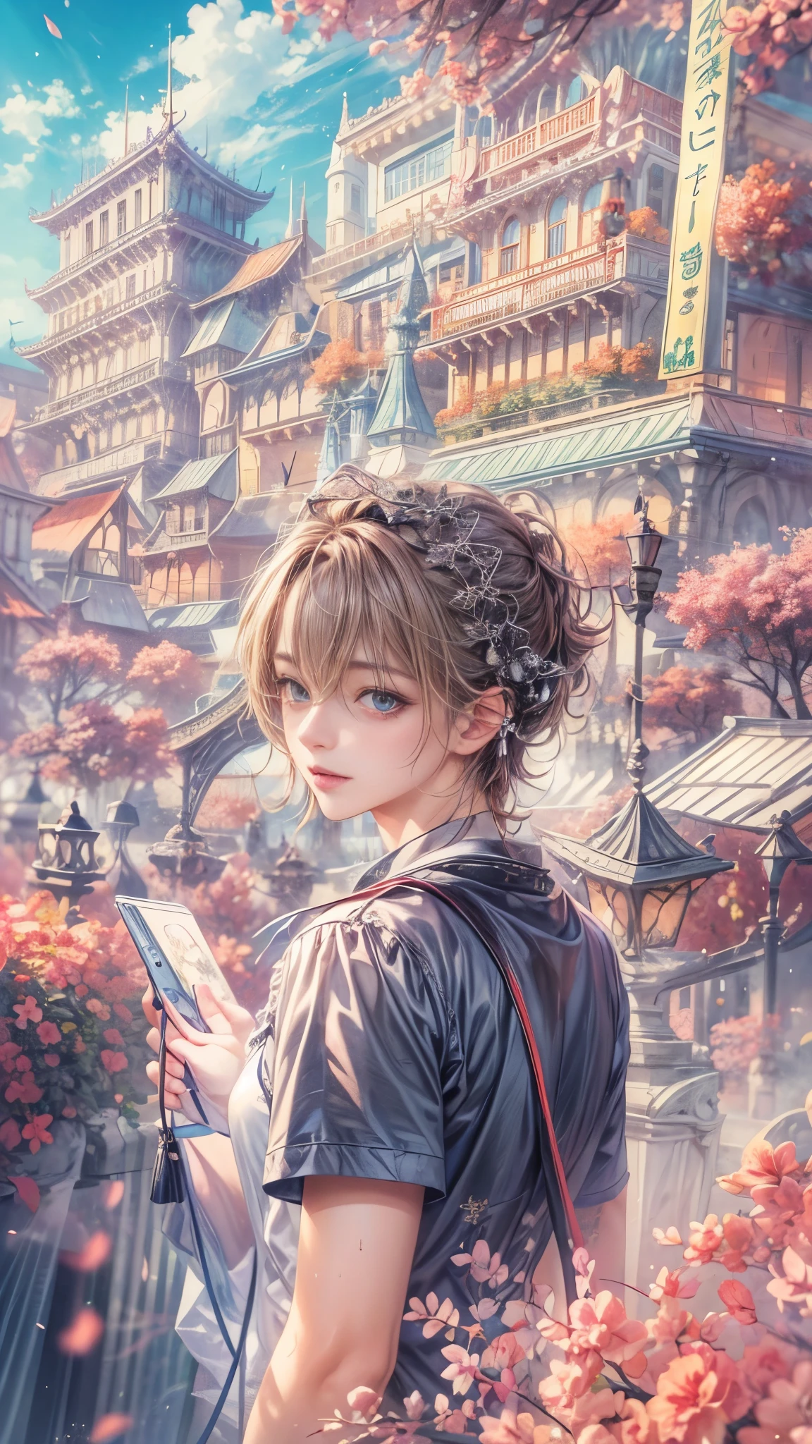 (absurdres, highres, ultra detailed, HDR), masterpiece, intricate, best quality, portrait of a character from Ikemen Shoujo Manga, a male idol in a detailed scenery town background , kpop idol