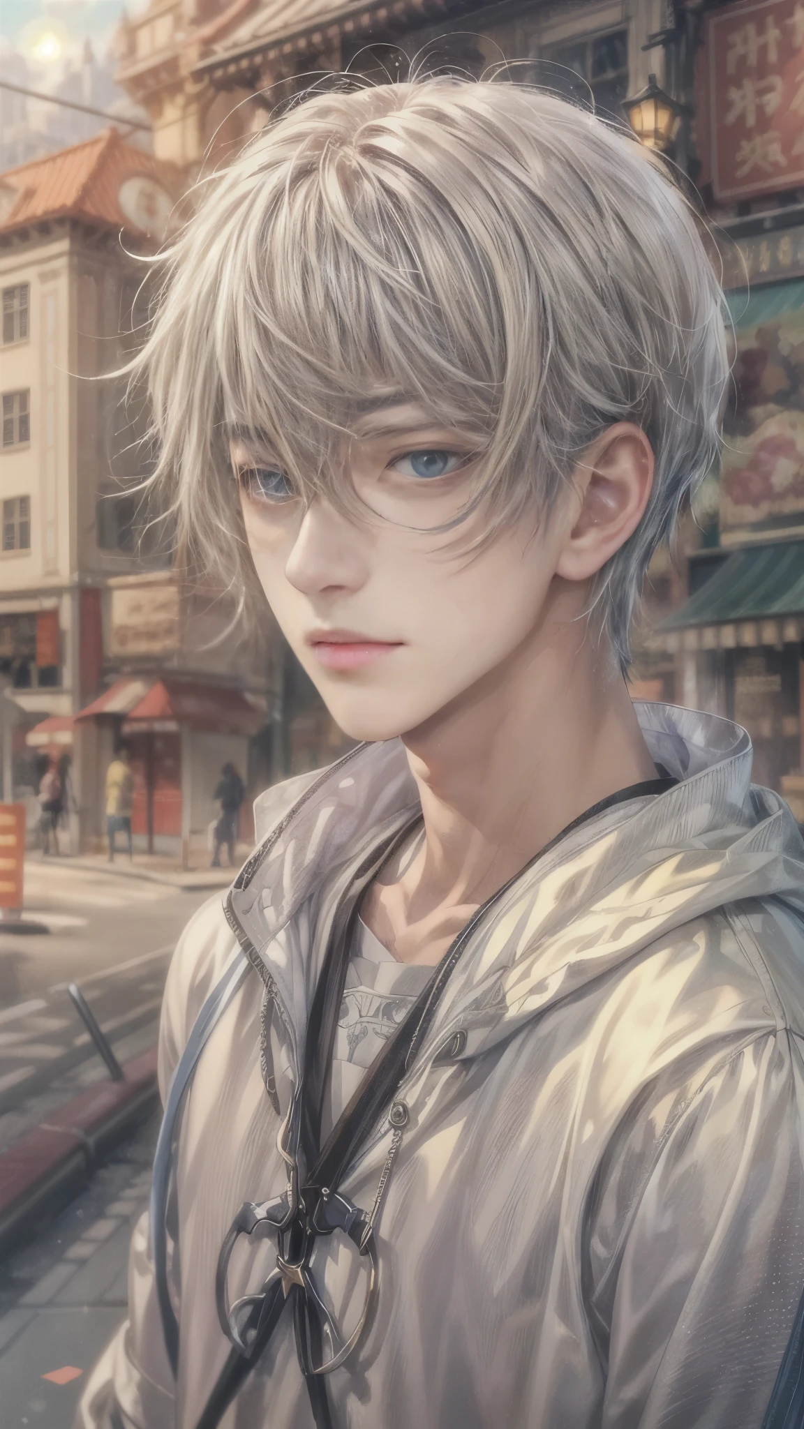 (absurdres, highres, ultra detailed, HDR), masterpiece, intricate, best quality, portrait of a character from Ikemen Shoujo Manga, a male idol in a detailed scenery town background , kpop idol