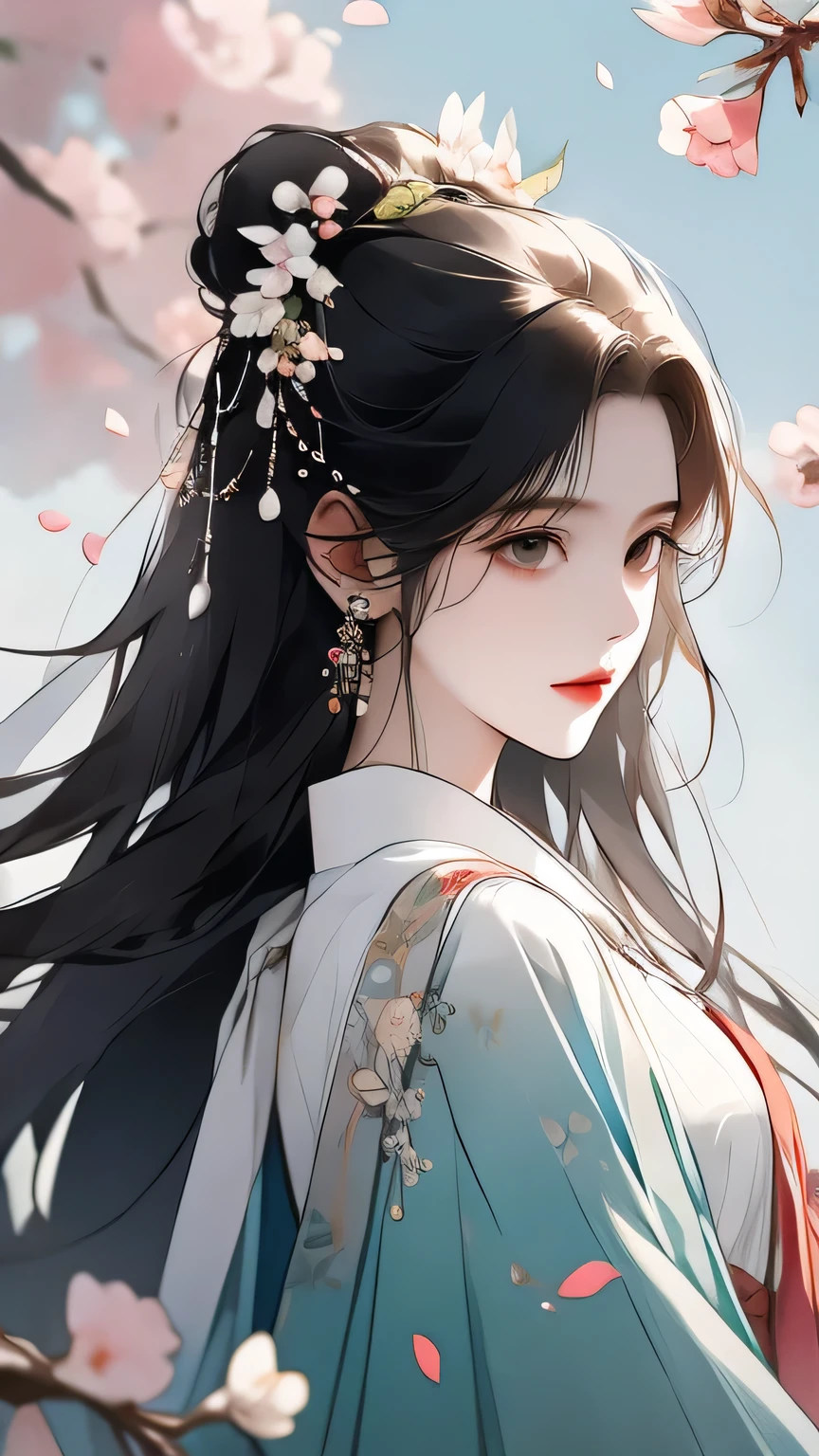 cherry_flowering, come down_petal, alone,1 girl,Upper body, looking at the audience,