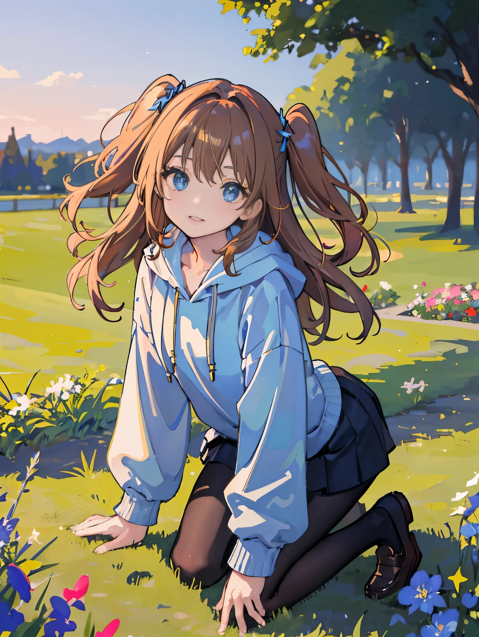 (highest quality,High resolution,masterpiece:1.2),Super detailed,realistic,HDR,Professional,bright chestnut hair,Bokeh,portrait,landscape,photograph,concept artist,soft pastel tones,pastoral lighting,fine and beautiful eyes,thick and beautiful lips,highly detailed eyes and face,long eyelashes,sparkling eyes,delicate nose,cute smile,brown curly hair,1 Ahoge,adorable cute girl,low length,見事なProfessionalポーション,Cute personality,attractive appearance,kneel on the ground,bright blue eyes,innocent look,two side up hair, long blue hoodie,black leggings,loafers、Shrine tour、worship
