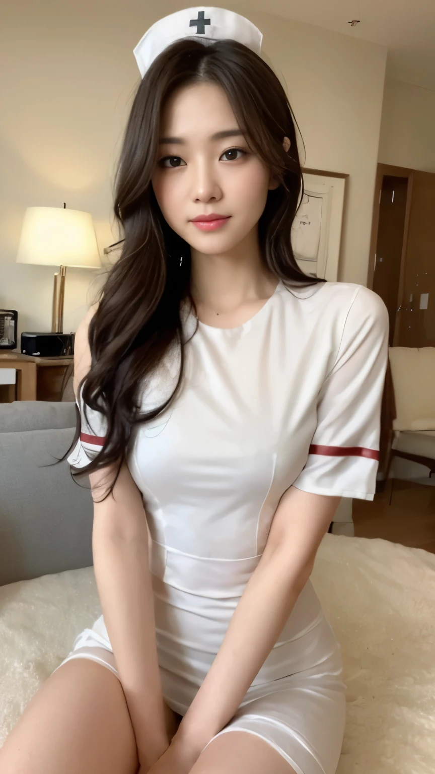 ((top-quality、8k、masterpiece:1.3))、Beautiful woman with perfect body:1.4、slim abdomen:1.2、Longhair, normal breast, Highly detailed facial and skin texture, A detailed eye, delicate eyes, double eyelid, (smile), (full body shot), ((living room), (sitting on sofa), (((wearing white nurse costume 1.2)), looking in front, food