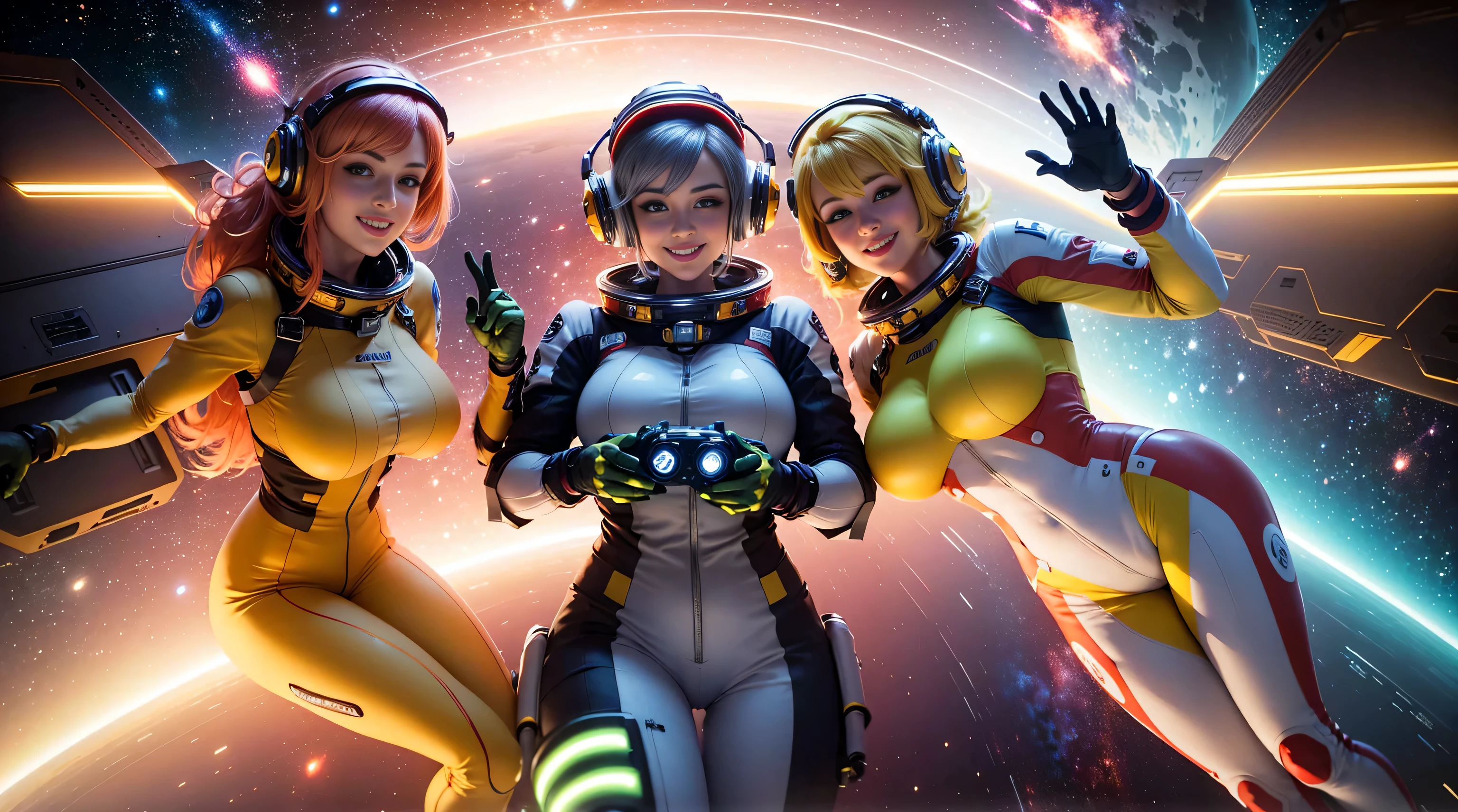 gorgeous women bryce howard, katy perry, kate upton with golden short strawberry red and lime green hair purple hair in pigtails, ((full body pose))) ((( amazing red and grey, red and yellow space suits with glowing lights floating in zero gravity in space station wearing helmets very happy smiling at camera )))  girls dark makeup,blue eyes,(((smiling at camera))), beautiful grown women, (( large breasts)),ultra detailed,realistic, fantasy art, amazing lighting, space ship background at night with neon lights, amazing lighting, warm saturated light from below , cool light from above