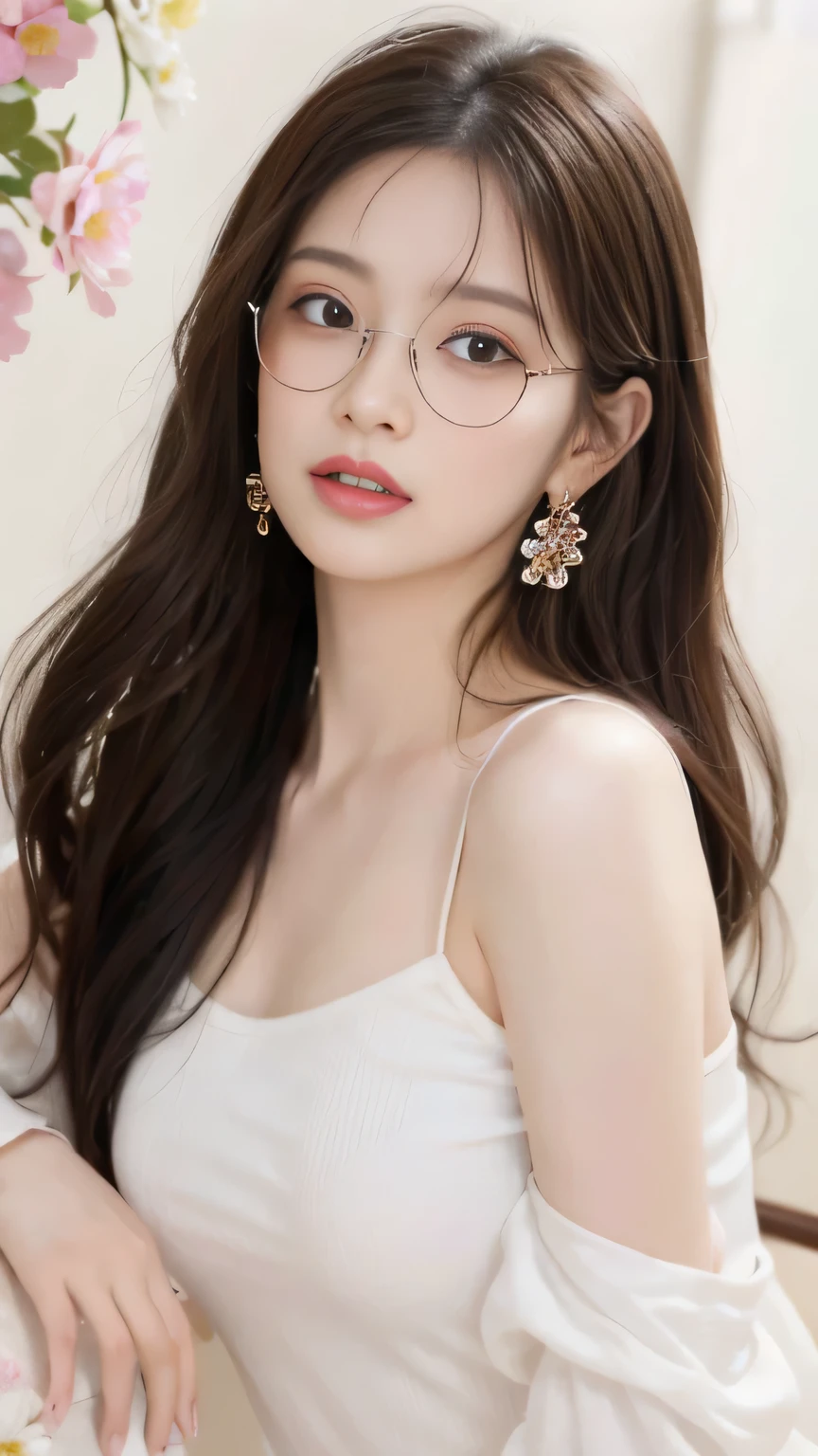((best quality, 8k, masterpiece:1.3)), a beautiful girl, Glasses,pure ponytail, Oval face, Gentle and cute, lose weight[(masterpiece, top quality, best quality, official art, Beautiful and beautiful:1.2), , Very detailed,(Fractal art:1.1),(colorful:1.1)(flowers:1.3),most detailed,(tangled:1.2), (dynamic poses), (abstract background:1.3), (:1.2), (skin shiny), (Many colors:1.4), ,(earrings:1.4),long shot