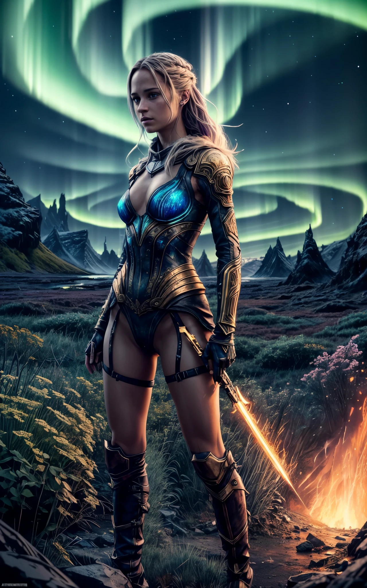 (Alicia Vikander) is Freya the nordic goddess, pale skin, messy, Full body, Beautiful anime waifu style girl, hyperdetailed painting, luminism, art by Carne Griffiths and Wadim Kashin concept art, Iceland background, northern lights, abstract beauty, approaching perfection, pure form, golden ratio, minimalistic, dark atmosphere, unfinished, concept art, intricate details, 8k post production, high resolution, hyperdetailed, trending on artstation, sharp focus, studio photo, intricate details, highly detailed,