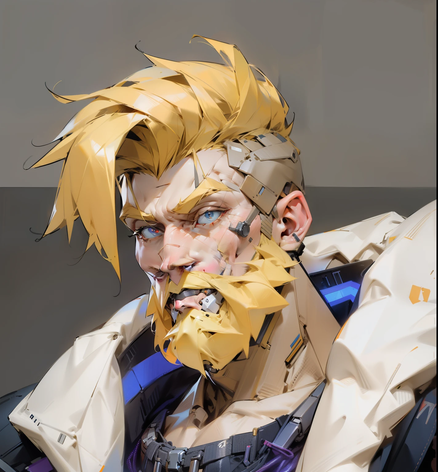 Handsome blond European and American guy,beard,There is a cyberpunk prosthetic body on the face,Prosthetic eyes,