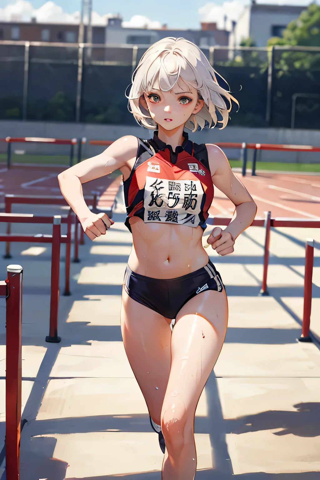 (highest quality、In 8K、32K、masterpiece、nffsw、超A high resolution、Impressionism、Photoreal:1.2)、Angle from above、high angle、cowboy shot、sharp focus、detailed face and eyes、schoolyard、strong sunlight、beautiful face、blurred background、shiny skin、sharp pupils、Real students、 schoolyard、beautiful face、blurred background、18 year old beautiful girl、Slender like a model、shiny skin、short hair、beautiful platinum blonde hair、red eyes、(Sports Day Costume、running、jump over hurdles:1.3)、thighs thighs、curve、dynamic pose、Navel exposure、wet skin、wet hair、powerful composition, (buckshot)、