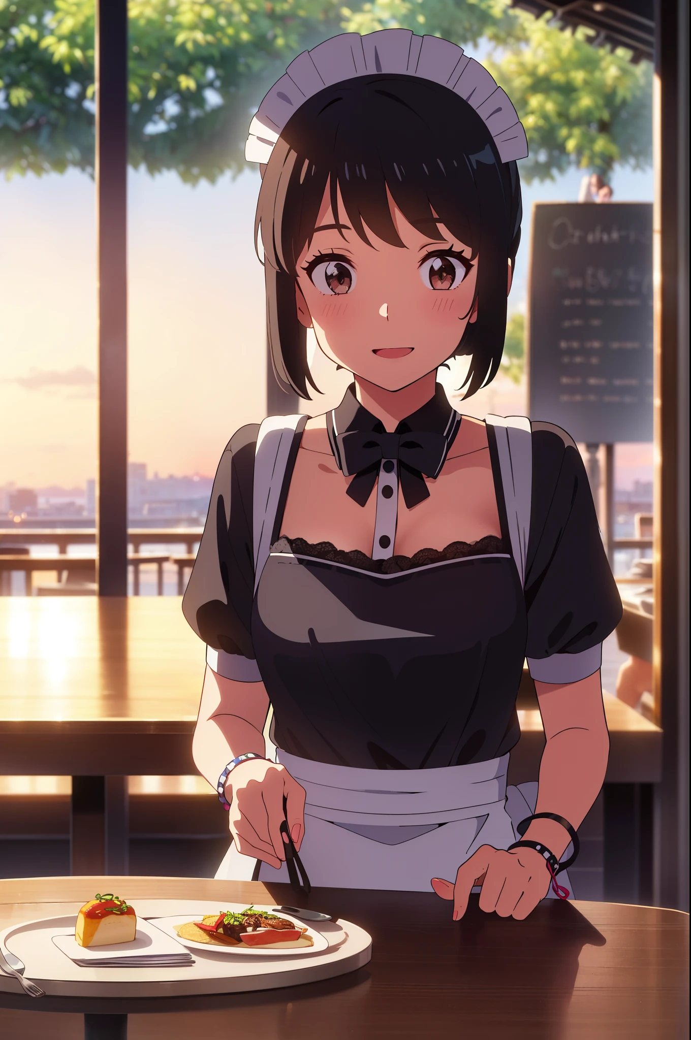 shinkai makoto, kimi no na wa., 1girl, 1boy, bangs, black hair, blush, brown eyes, (boy wear Suspender Clothes), ((girl wear maid dress, maid, apron, maid headdress, short dress, Off-the-shoulders)), bow, ribbon, short hair, smile, open mouth, looking at the viewer, cute, love, heart, couple, adorable, dating, bracelet, evening, sunset, cloudy, outdoors, dynamic lights, restaurant, resto, cafe, coffee, table, chair, sitting together, drinking