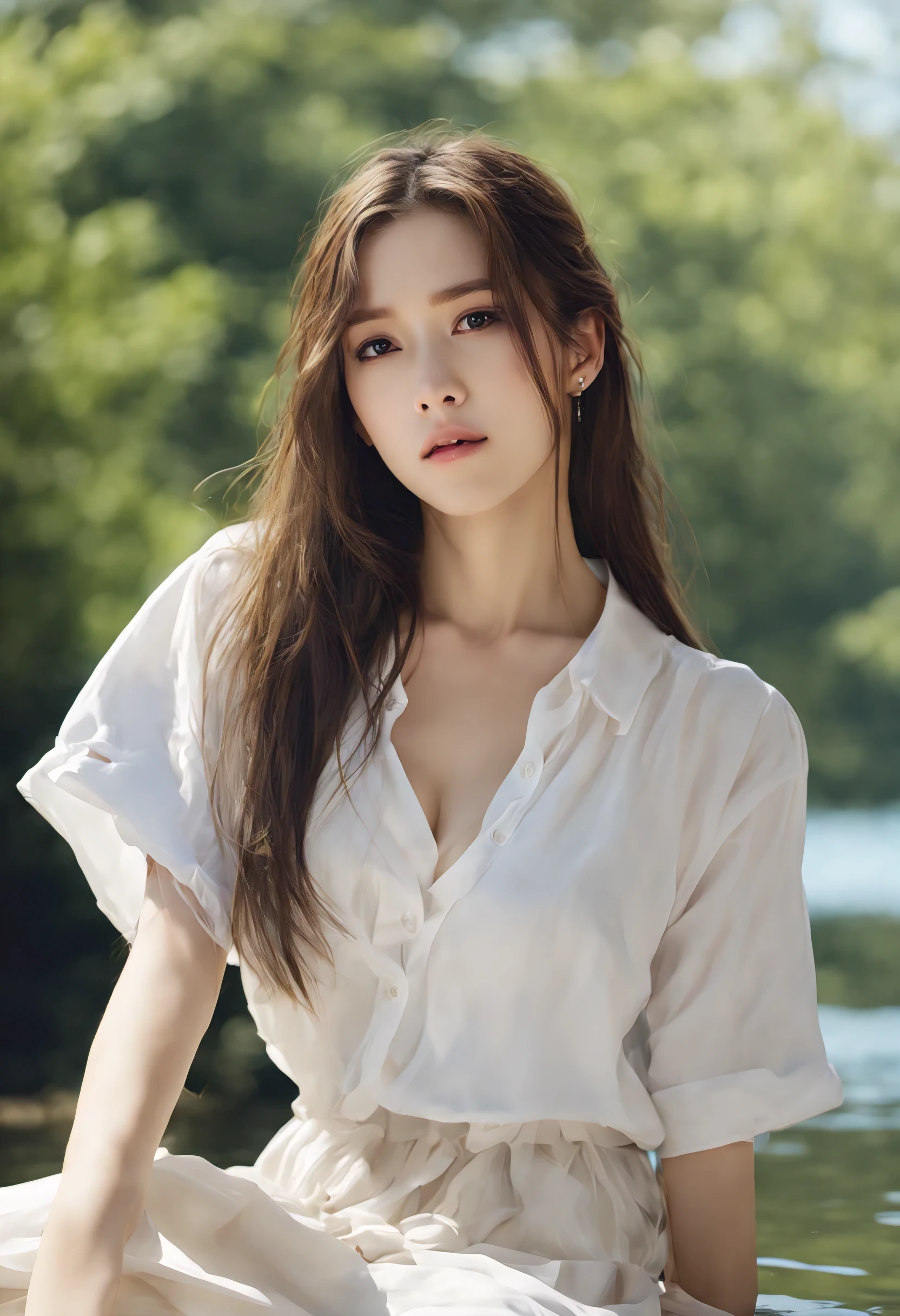 20 year old beauty,sling,,masterpiece,best picture quality,high detail,higher quality,8k resolution,big watery eyes,long hair,White shirt,easy,summer