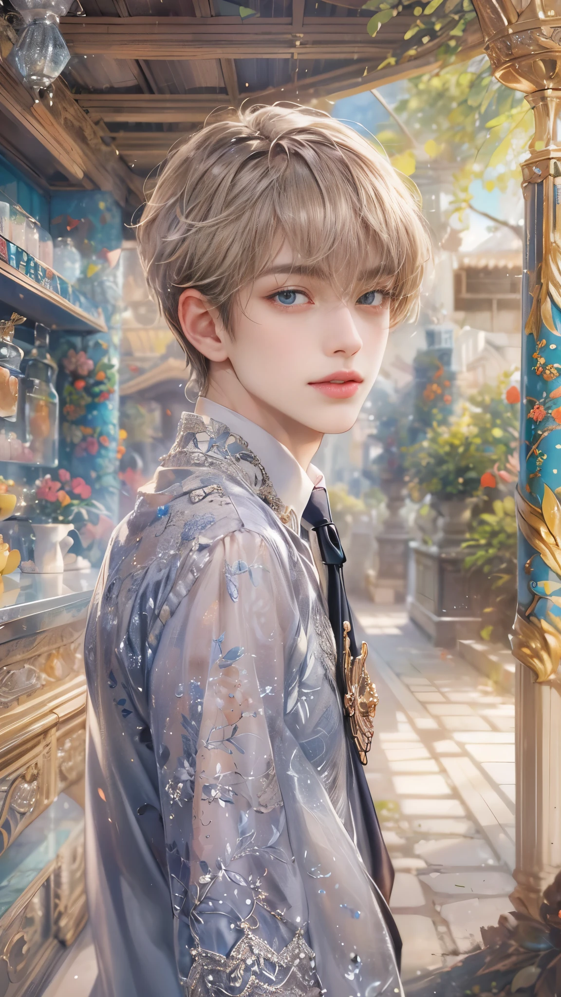 (absurdres, highres, ultra detailed, HDR), masterpiece, intricate, best quality, portrait of a student boy character from Ikemen Shoujo Manga, a male idol in a detailed scenery school background , kpop idol