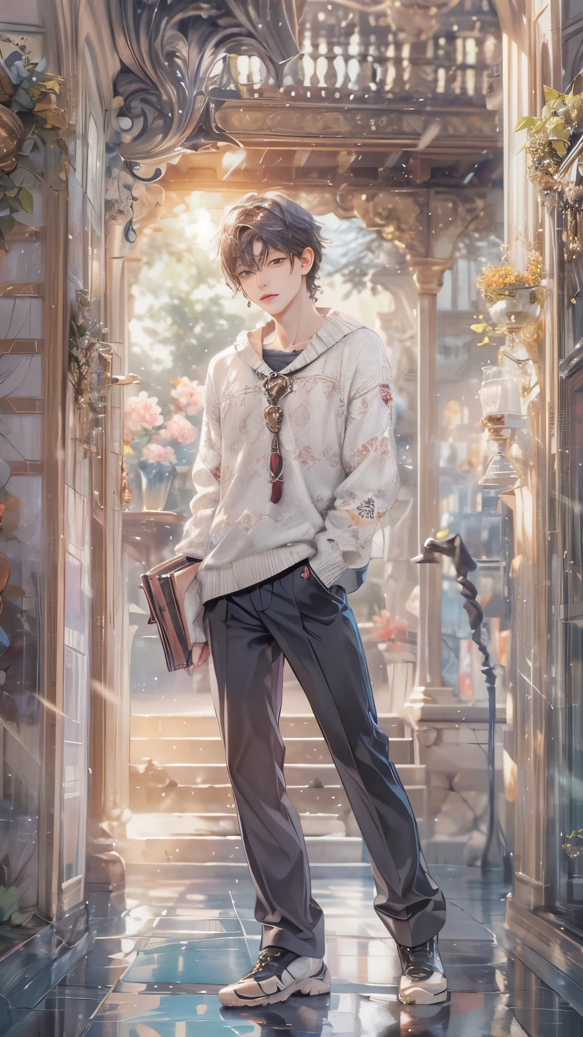 (absurdres, highres, ultra detailed, HDR), masterpiece, intricate, best quality, portrait of a student boy character from Ikemen Shoujo Manga, a male idol in a detailed scenery school background , kpop idol