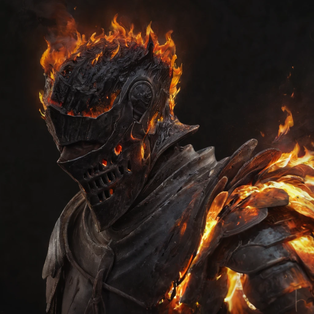 hyperdetailed photography,masterpiece,awardwinning,128k uhd,cndrlord,inpatient man in a flaming armor ,black background,raw photo,sharp focus,bokeh,epic