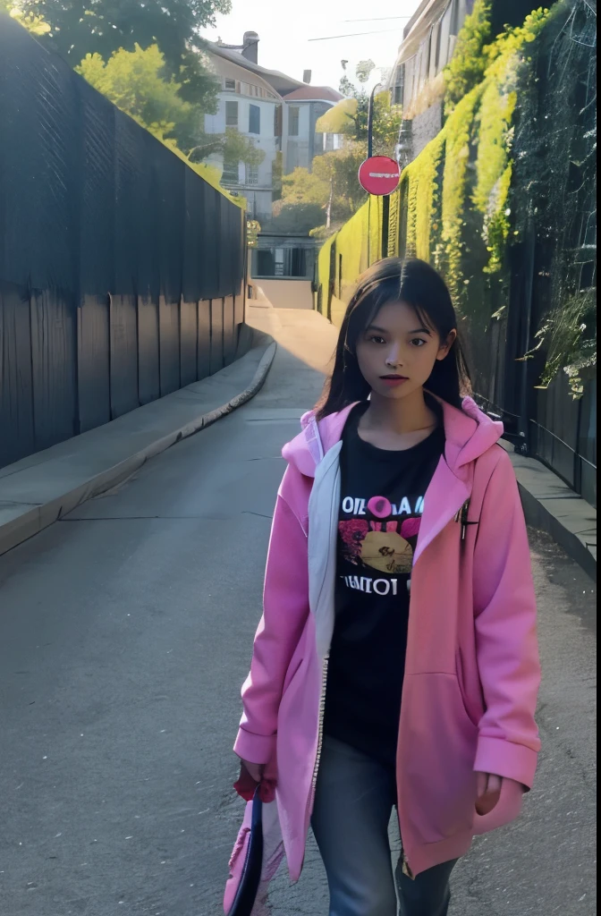 A photo portrait, girl, age 14 , side ways, walking