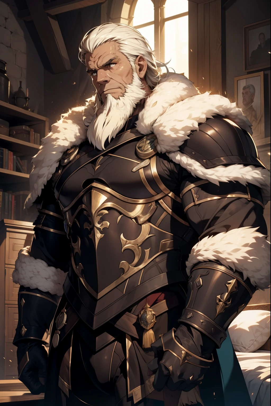 Um velho rei bodybuilder muito alto, muito lascivo, imponente, pose de superioridade, Vista lateral, corpo inteiro, white short hair , thick long white beard, peitorais largos, peitorais enornes, he's in his room, he is very angry, the man is wearing armor and tight medieval robe, roupa de cor preta e branca, wearing very tight white medieval pants, has a huge bulge in its groin, Obra-prima maravilhosa altamente detalhada, beautiful cinematic light deep focus, elegante, Pintura digital, sementes, sharp focus, golden ratio, dramatic lighting, 8k